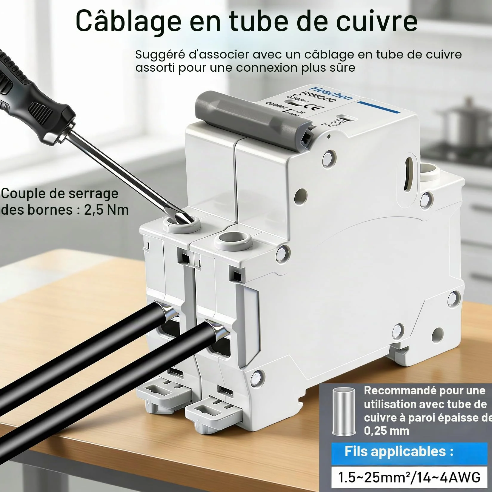 Heschen Disjoncteur miniature CC HSB6C-DC, 2 pôles, DC500 V 32 A, photovoltaïque, système solaire PV, panneau solaire, montage rail DIN 35 mm
