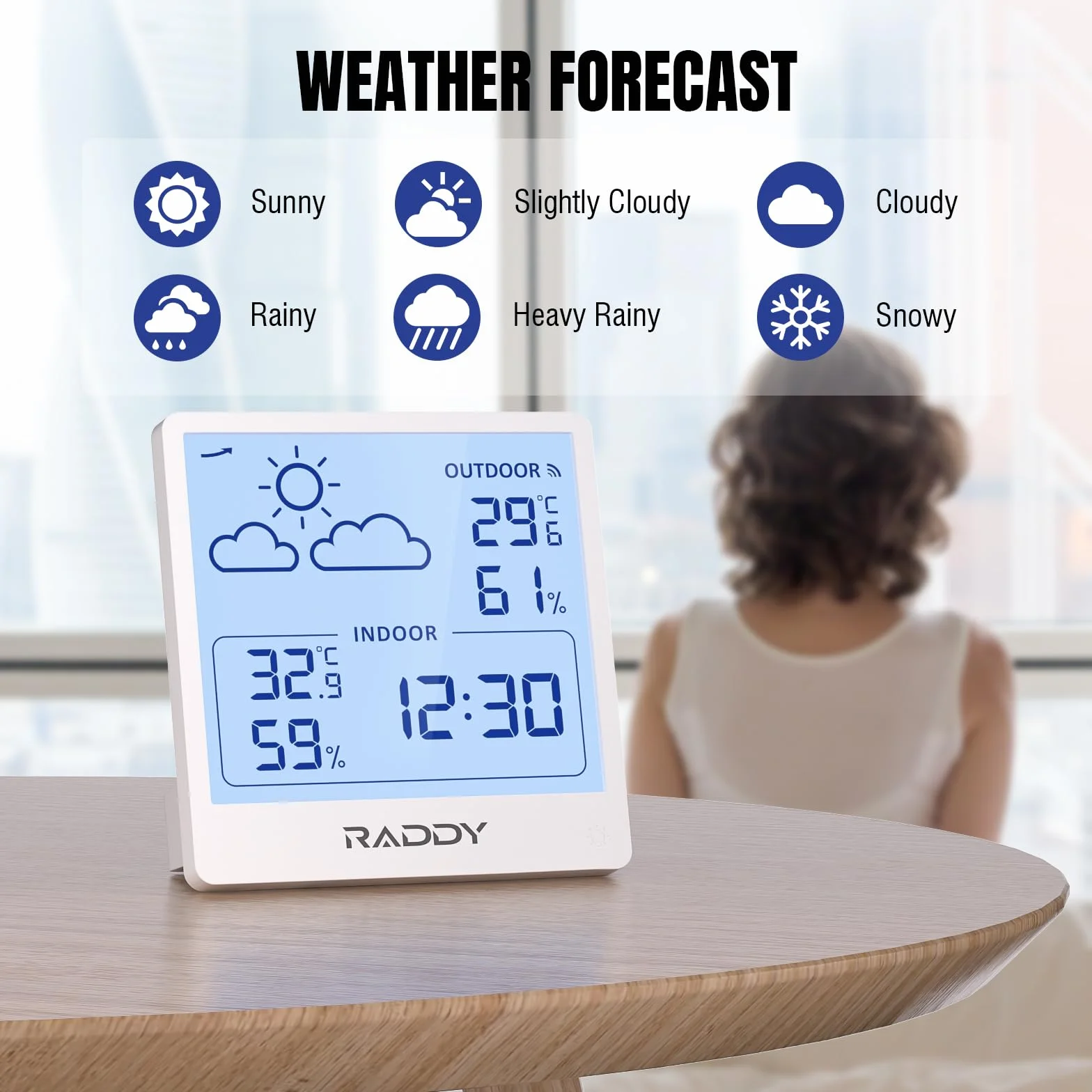 Raddy WF-50 Station météo sans fil thermomètre hygromètre intérieur extérieur 5" TN écran prévisions météo capteur à distance barométrique Blanc