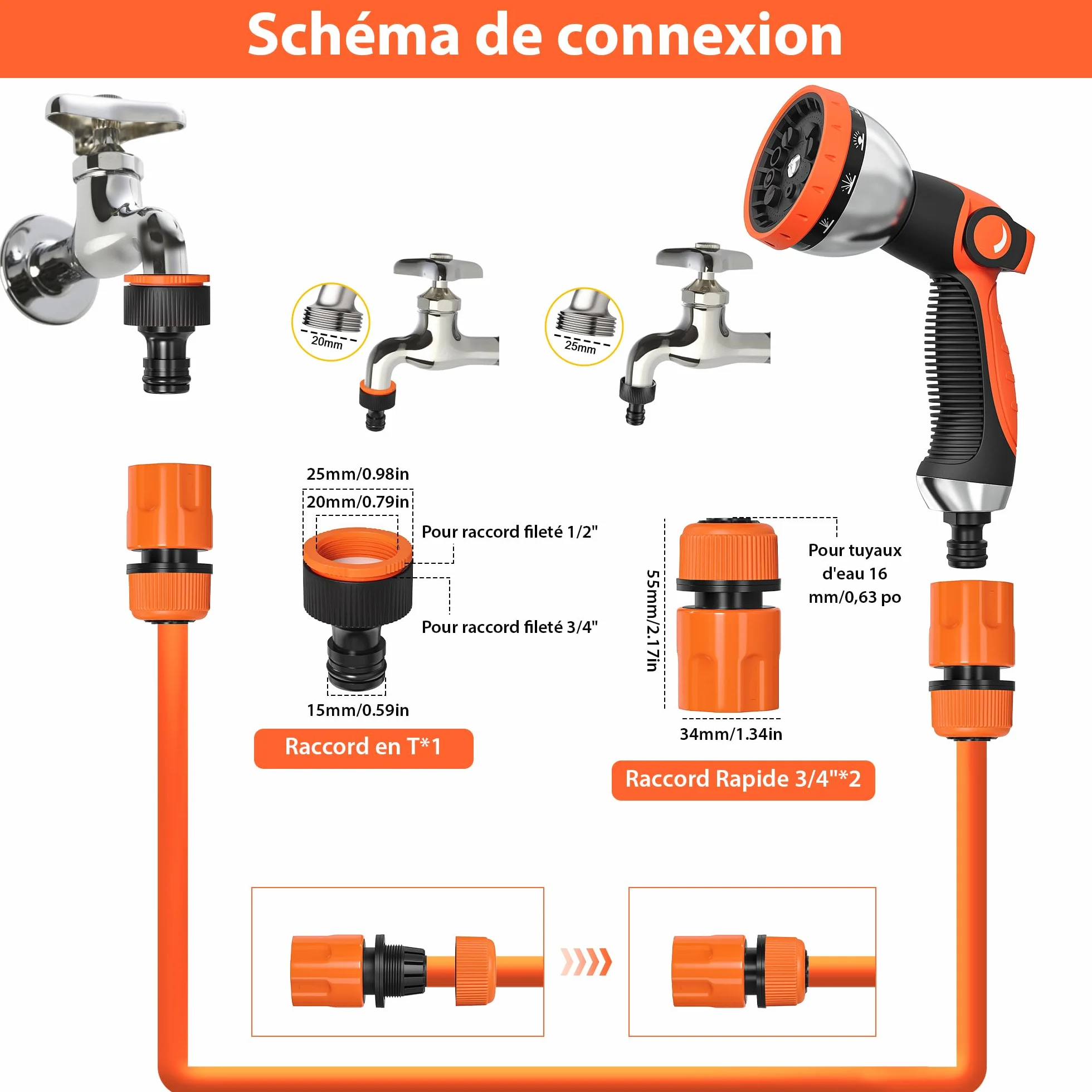 Pistolet Arrosage Jardin 10 Modèles Réglables Pulvérisateur Multifonctionnel Orange