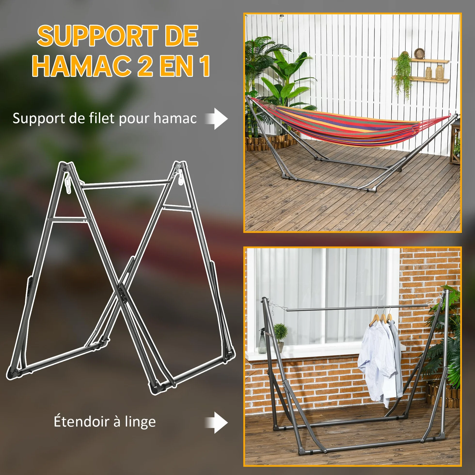 Outsunny Support de Hamac Pliable, Cadre Portable 2-en-1 Réglable en Acier, pour Camping Extérieur, Noir
