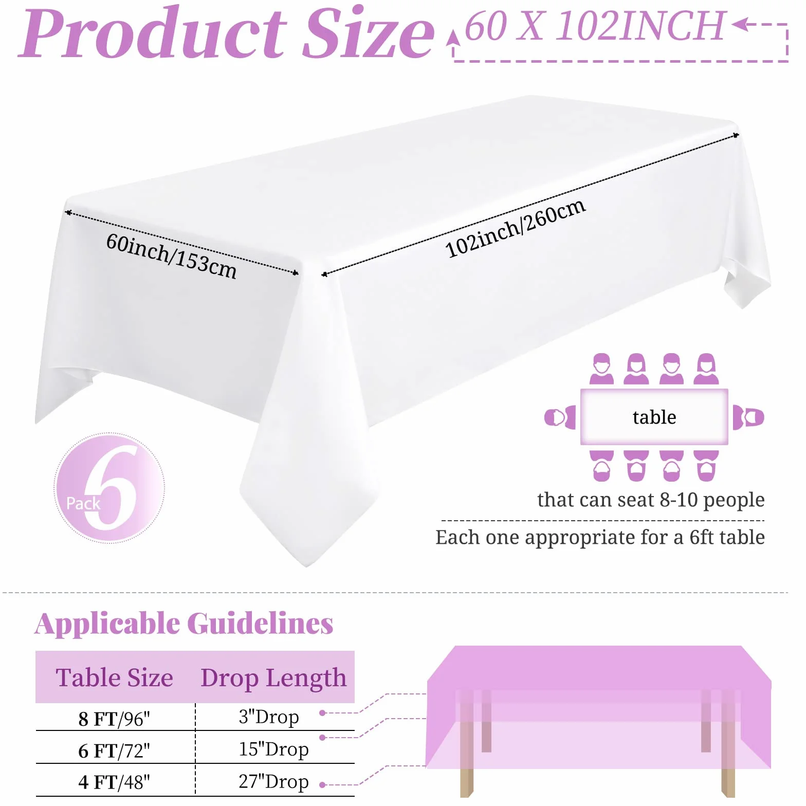 Lot de 6 nappes rectangulaires polyester blanc 153 x 260 cm pour tables 6 pieds, décoration mariage fête