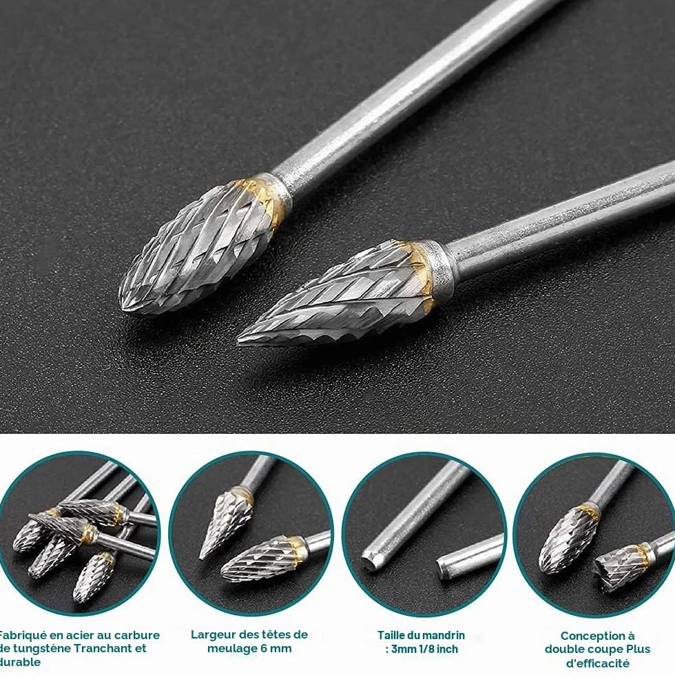 Jeu de Fraises Rotatives Acier Carbure de Tungstène Double Tranchant pour Outil rotatif, 10 stuks 1/8 inch schacht past roterende tool voor houtbewerking snijwerk, metalen polijsten, graveren, boren