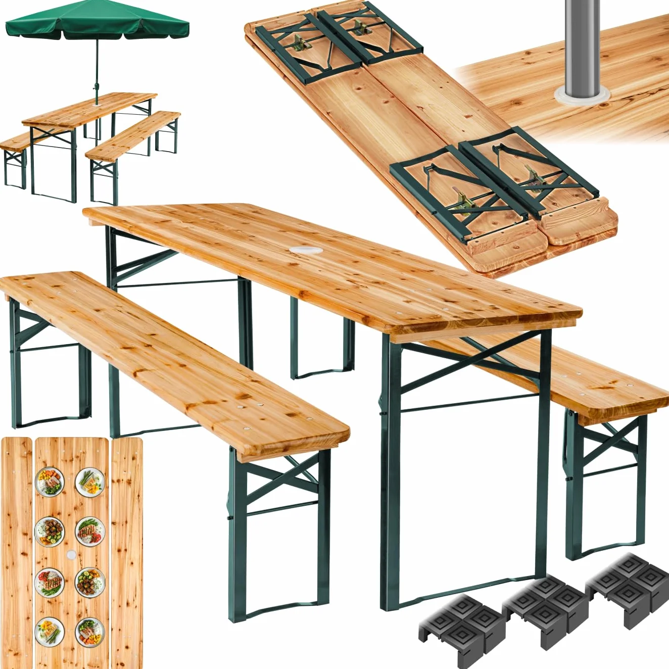 Tectake Table et Banc en Bois de Brasserie 3 pièces Pliable avec Support Parasol