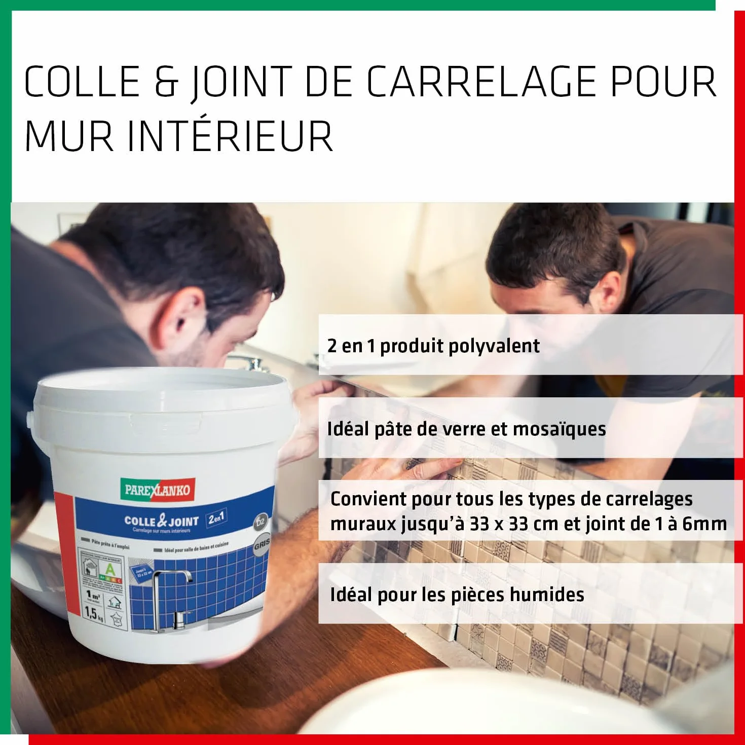 Parexlanko - Colle carrelage et joint en pâte - Colle & Joint 2 en 1 - Gris - Pour mur intérieur - Spécial pièces humides - Prête à l’emploi - 1,5kg