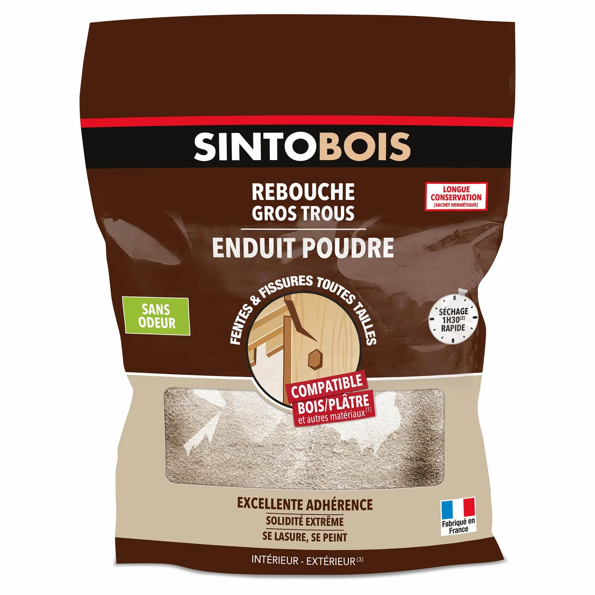 SINTO - Enduit poudre rebouche gros trous - Format 1kg - Idéal pour reboucher les trous sur du bois - excellente adhérence, solidité extrême - peut se lasurer et se peindre