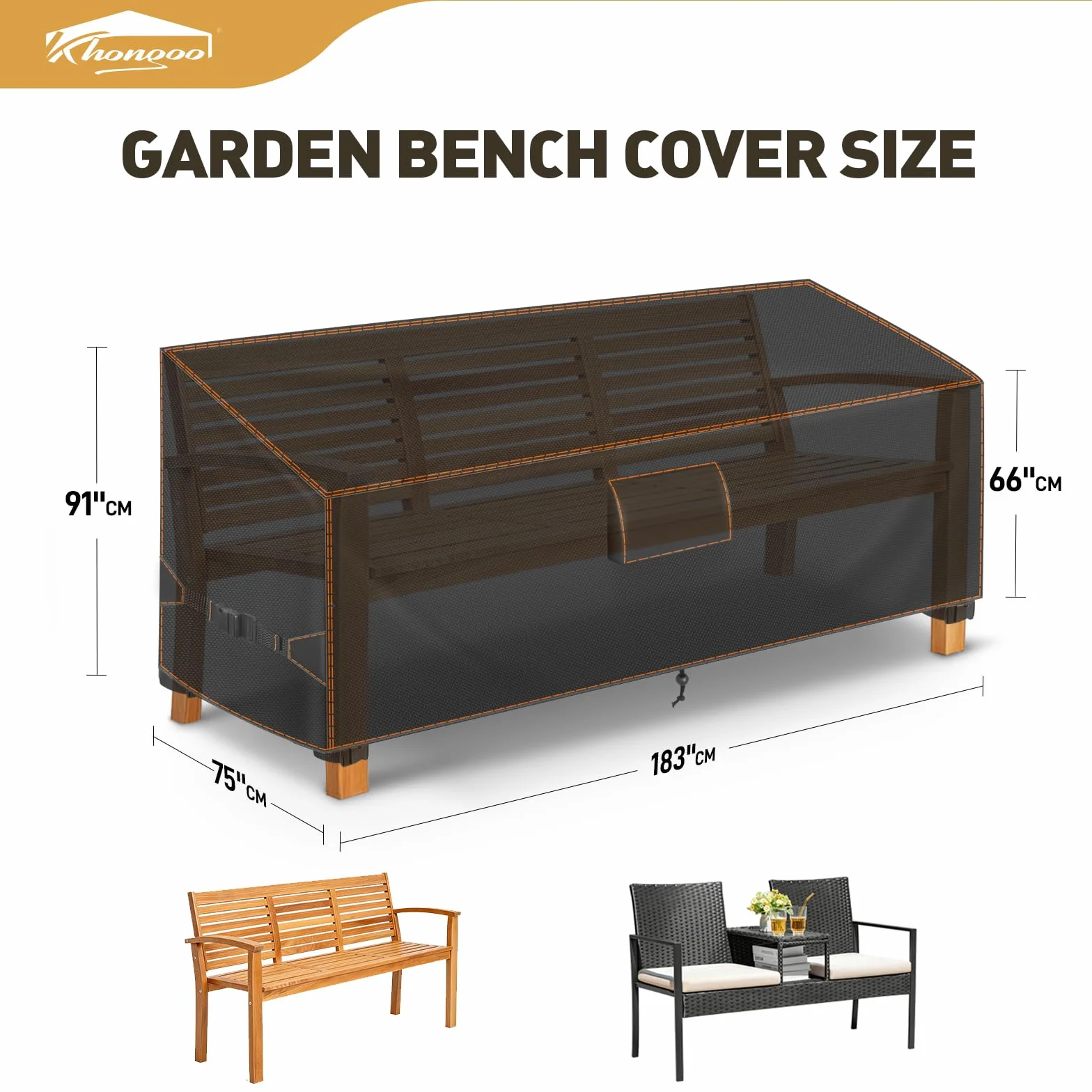 Housse Banc de Jardin 3 Places 183x75x66/91 cm Imperméable Protection Extérieur Tissu Oxford 420D Anti-UV Noir