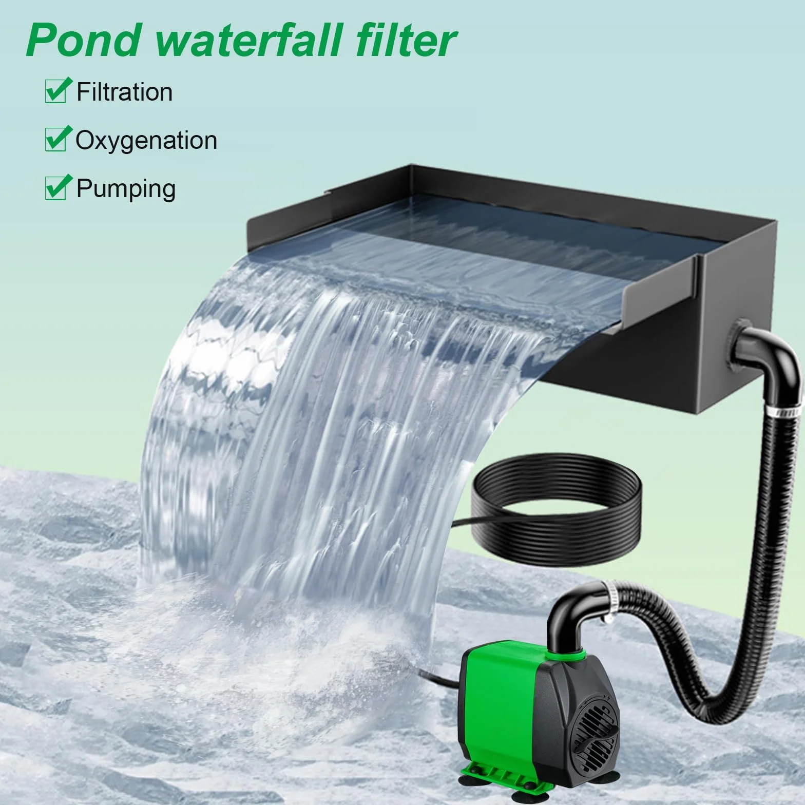 Cascade bassin jardin acier inoxydable pompe 30W 2000 l/h 20 cm filtre fontaine