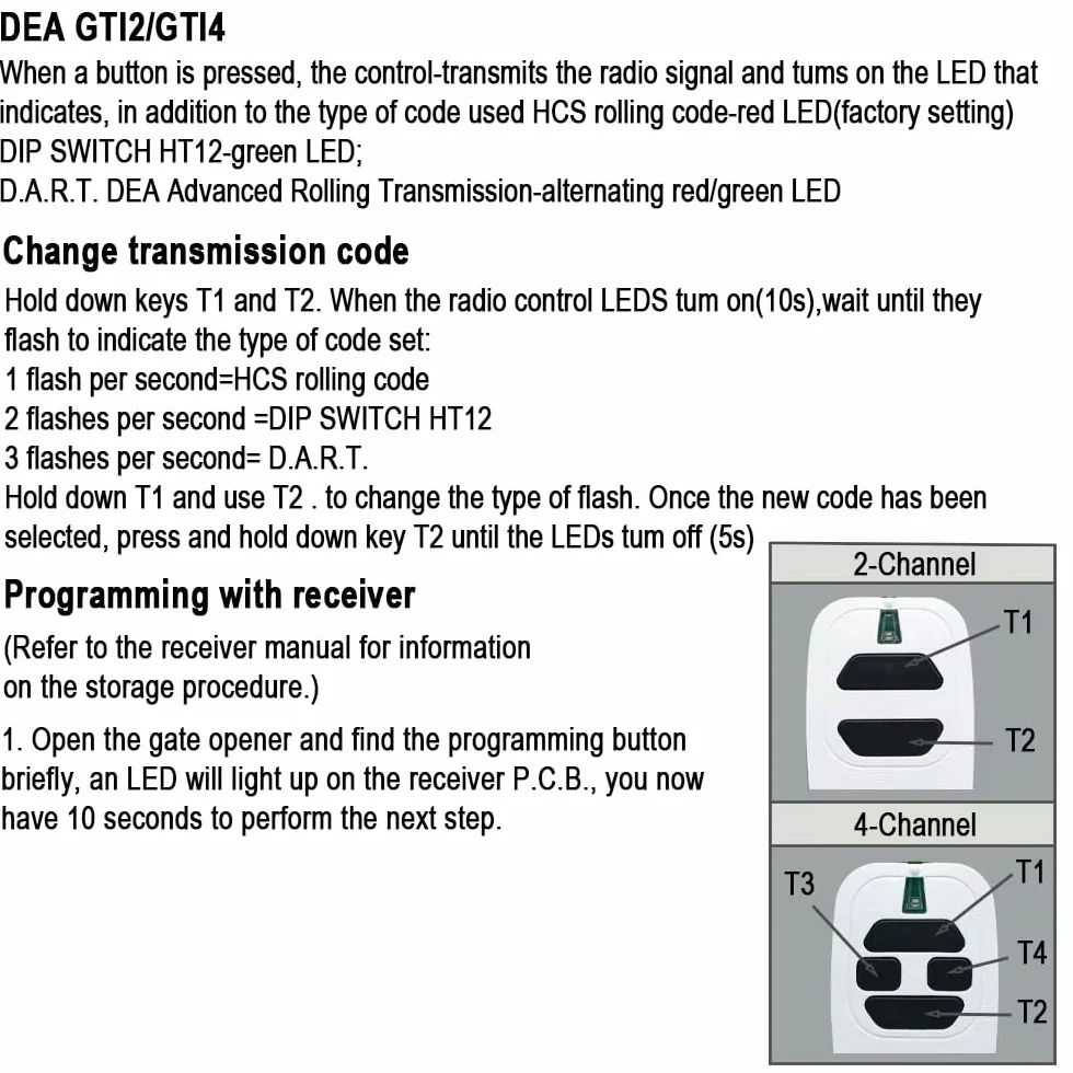Télécommande DEA4 pour Porte de Garage - Compatible DEA GTI2/4, GT2/4, Mio TR2/4, Mio TR2N/4N2-433,92 MHz