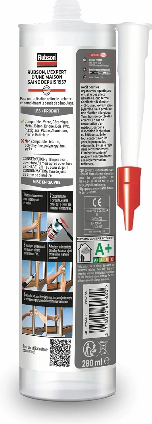 Rubson | Mastic Special Materials Isolation Transparent (cartouche de 280 ml) – Joint silicone pour isolation thermique et isolation phonique – Calfeutrement eau-air-froid-bruit