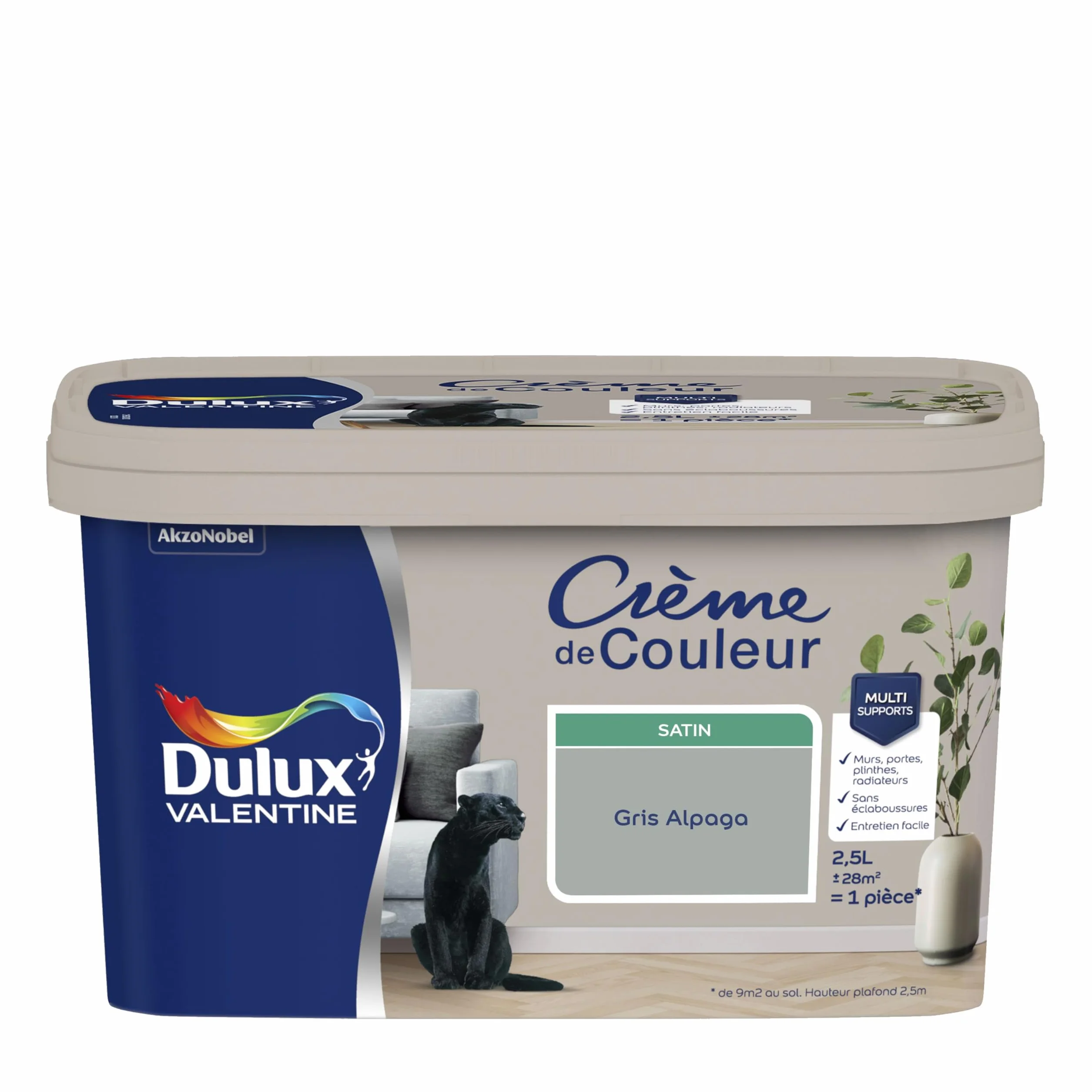 Dulux Valentine Crème de Couleur - Peinture multi-supports intérieure - Satin Gris Alpaga 2,5 L