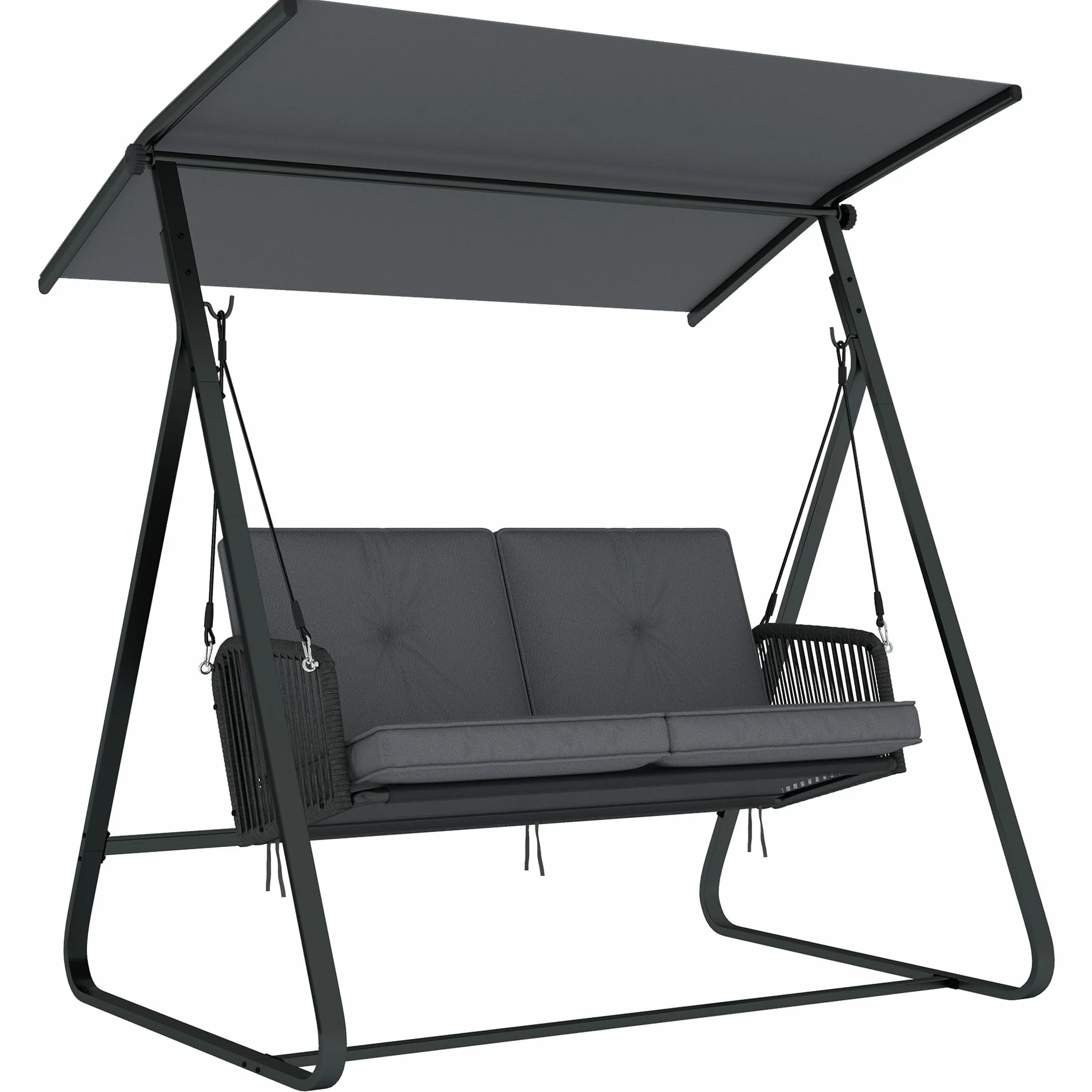 Outsunny Balancelle de Jardin 2 Places Résine Tressée Toit Réglable Coussin Épais Cadre Acier Charge 240 kg Gris 150x128x168cm