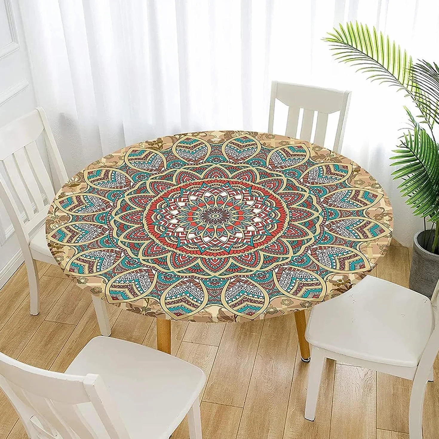FANSU Nappe Ronde Imperméable 120 cm Mandala Polyester Anti Taches Lavable pour Table 100-110cm