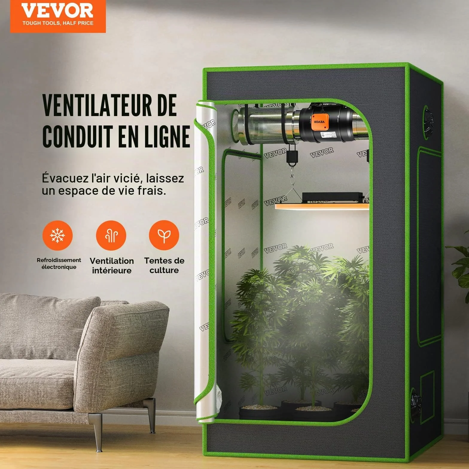 VEVOR Ventilateur d'Extraction 200 mm 1371 m³/h 68 W Extracteur d'Air avec Régulateur Température Humidité