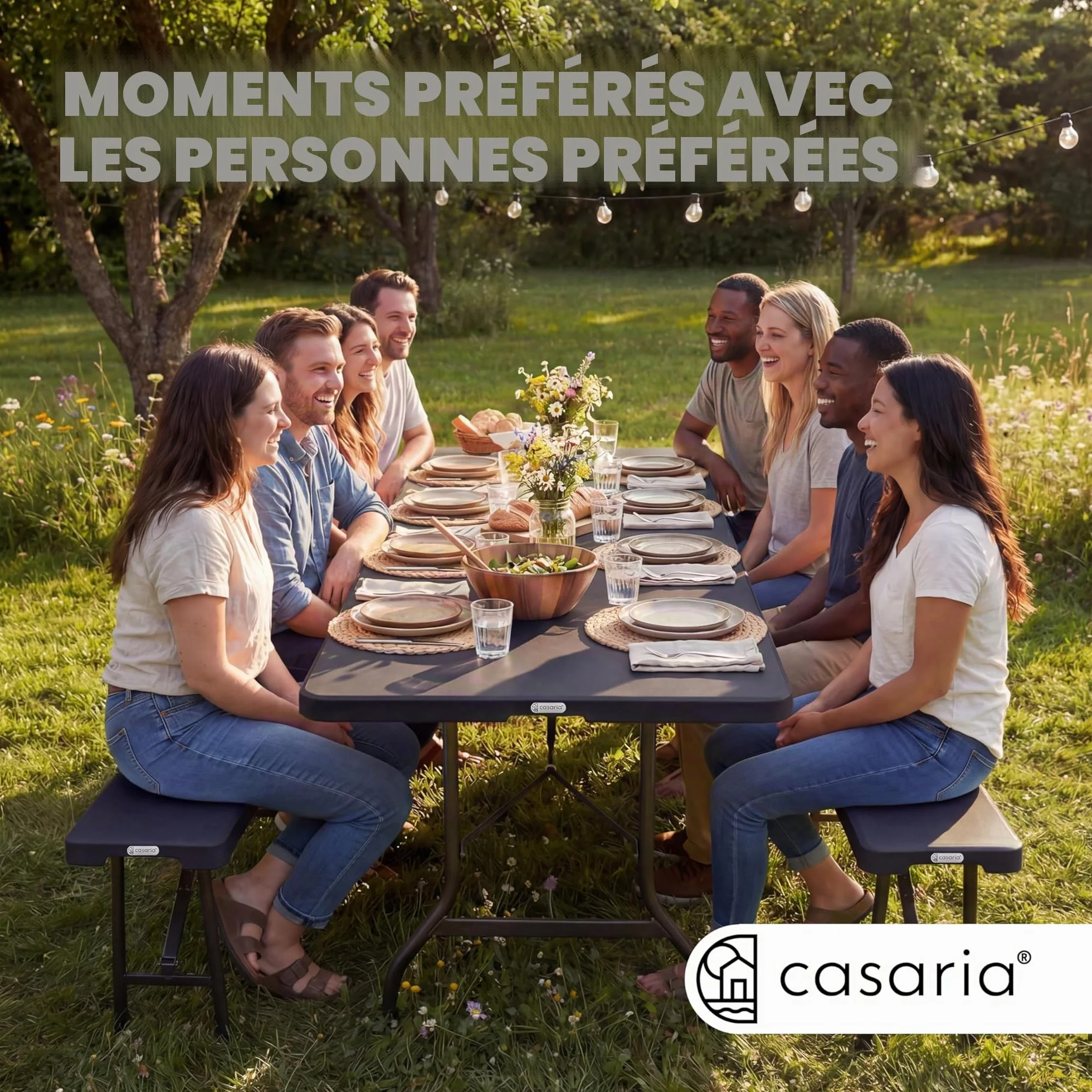 CASARIA Ensemble Table Pliante et 2 Bancs 180 cm Table de Jardin 8 Personnes