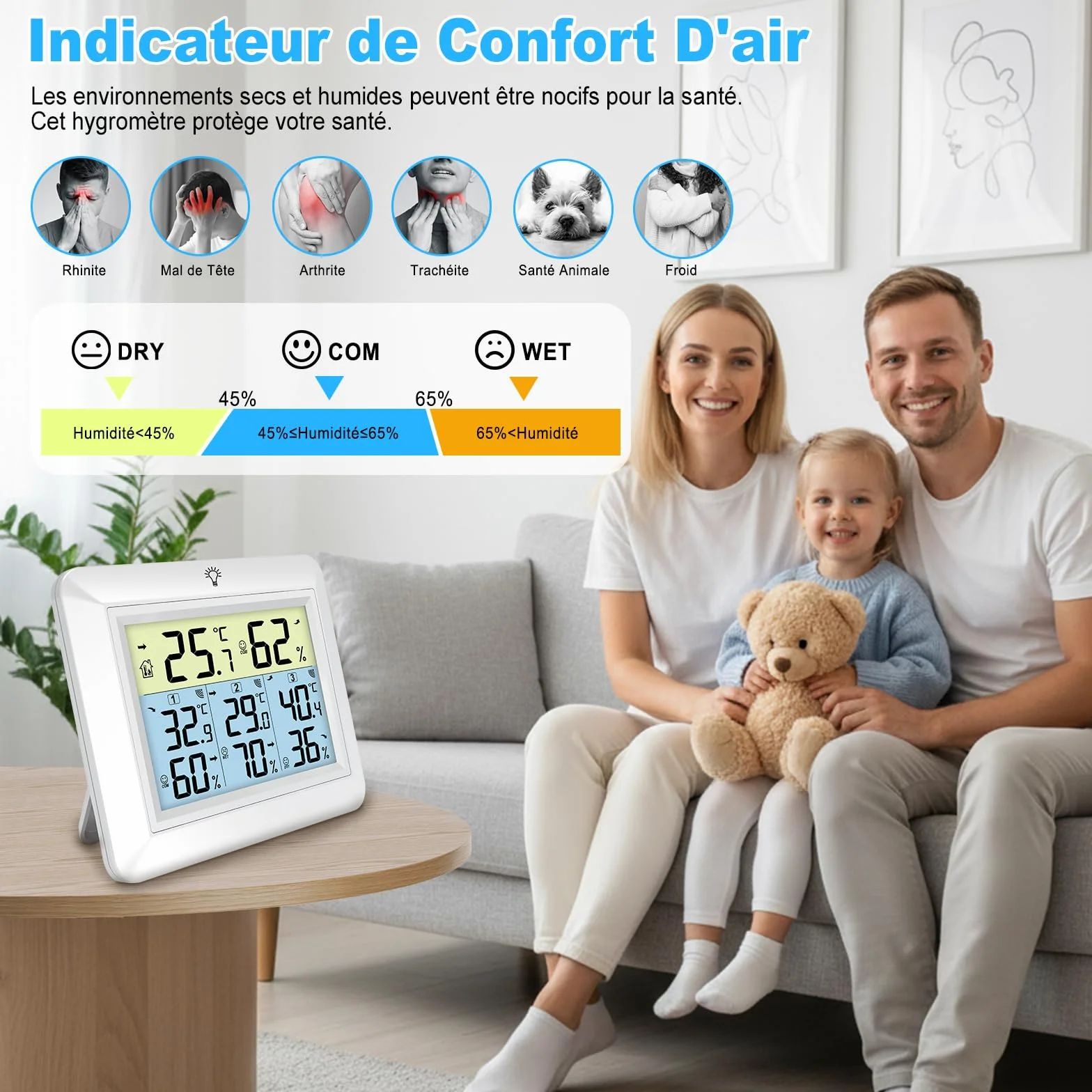 Thermomètre Intérieur Extérieur Sans Fil avec 3 Capteurs, Hygromètre, Portée 100M, Enregistrement MIN/MAX, Blanc