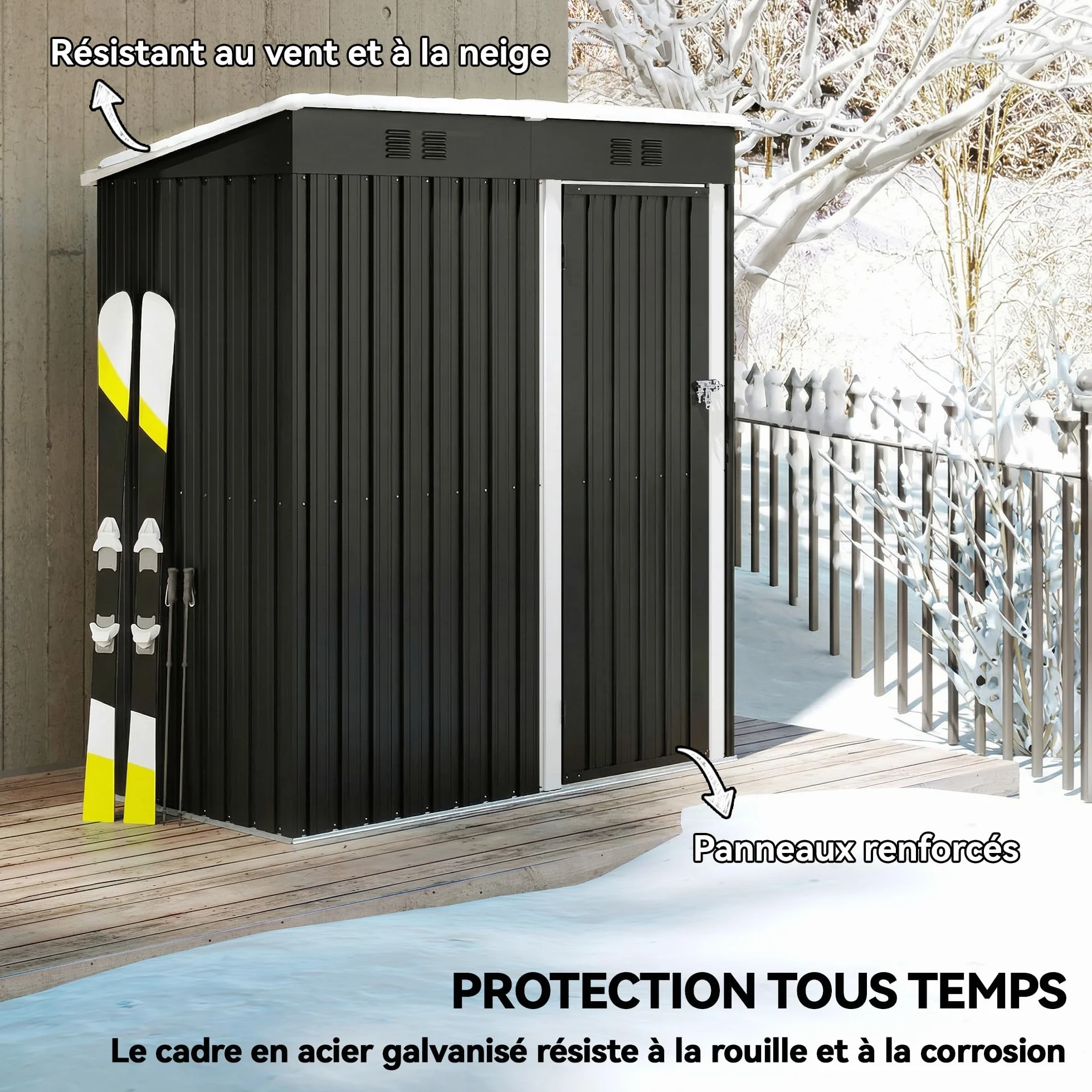 Outsunny Abri de Jardin en Métal 1,37m² 163x90x179cm Acier Galvanisé Armoire de Jardin Adossable 2 Grilles d'Aération Toit Incliné Anti-UV Cabanon de Stockage Outils Gris Foncé