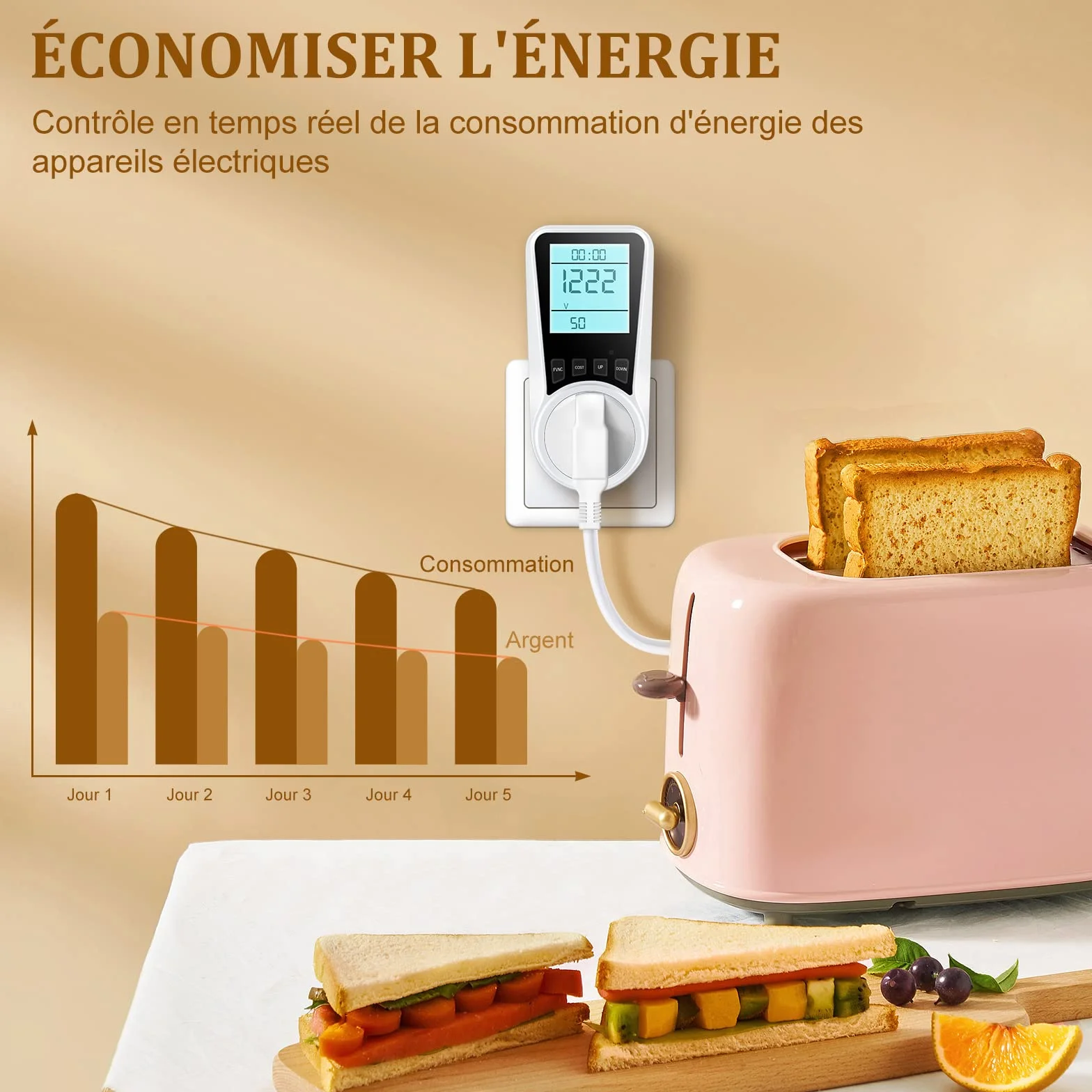 Wattmètre Prise Compteur d'Énergie, Consommation d'Énergie avec 7 Modes Surveillance, Écran LCD Rétroéclairé, Prise Consommation Electrique pour Économie d'Energie, Surcharges de Protection, 3680W MAX