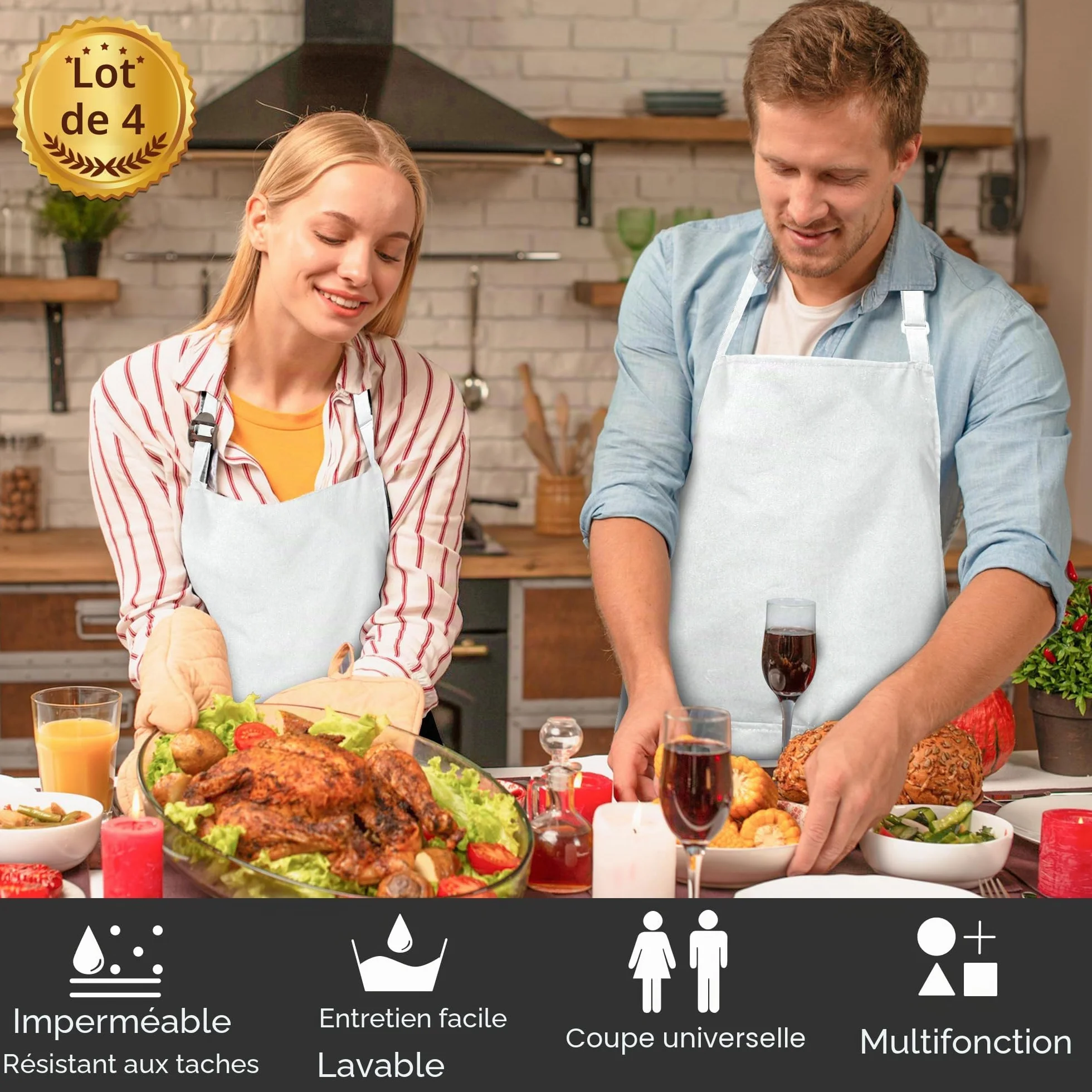 Atopo 4 Pack Tablier Cuisine Professionnel avec 2 Poches, Etanche Réglable pour Homme Femme (Blanc)