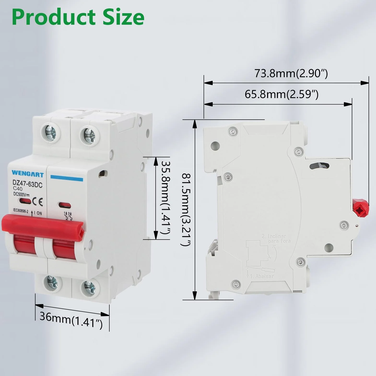 Wengart Disjoncteur CC 500V 40A - Protection Magnétothermique 2 Pôles - Spécial Solaire Photovoltaïque, Camping-Car et Batteries - Montage Rail DIN - Polarisé (+/-) - DZ47-63Z