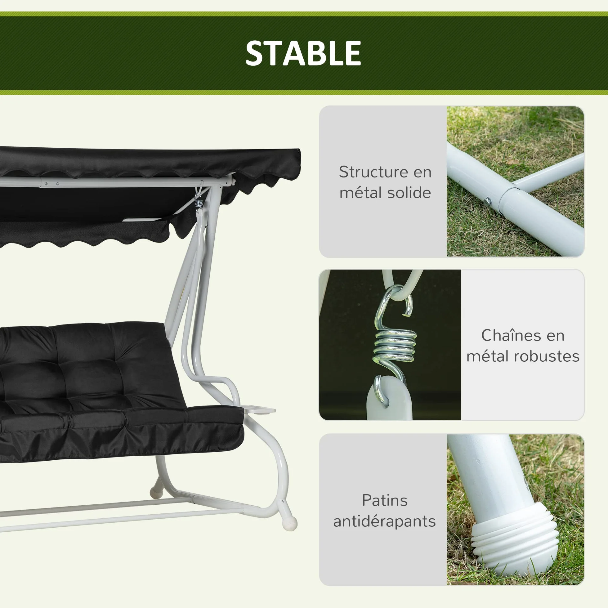 Outsunny Balancelle de Jardin 2 Places Convertible Toit Inclinaison réglable Coussin Métal Polyester Noir