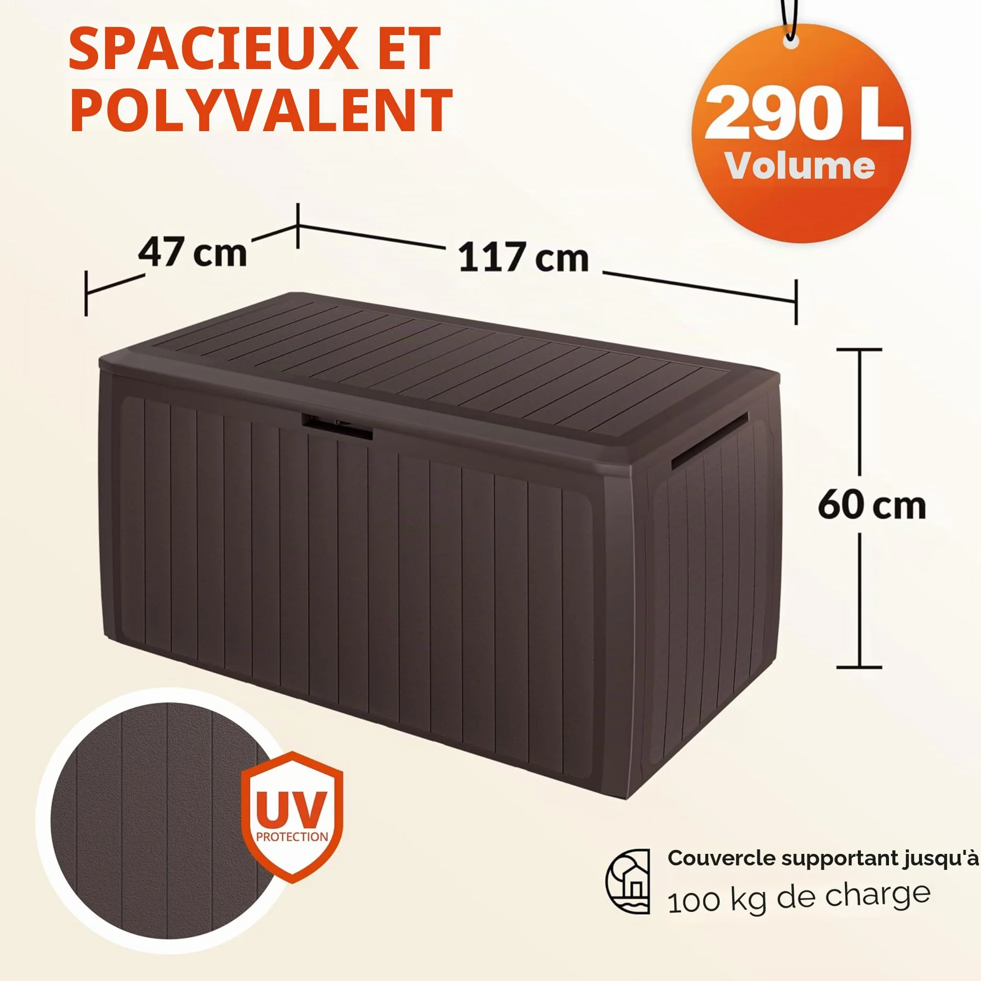 Casaria Coffre de rangement XXL Brun 290L Roulettes Poignées Malle de jardin