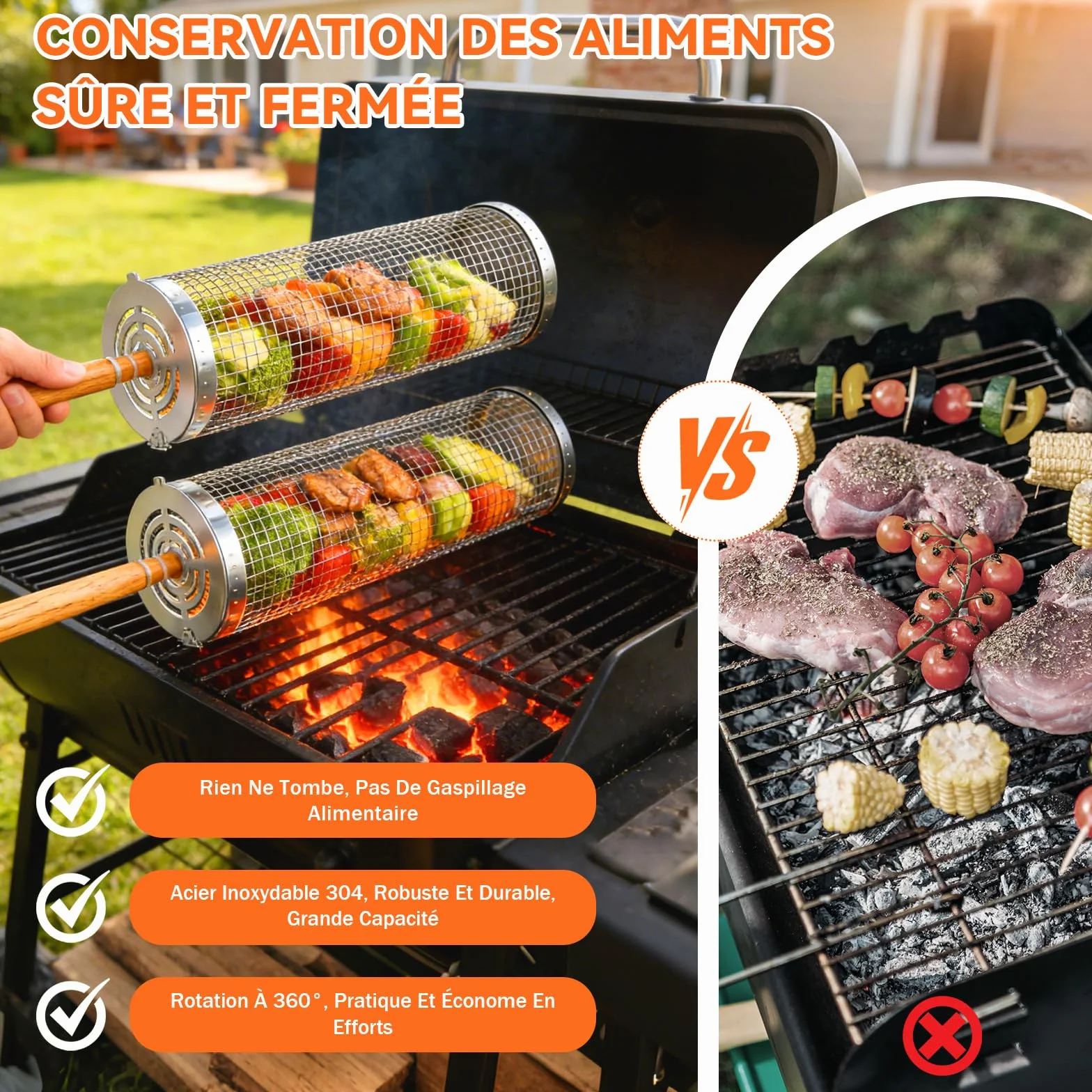 Set de Panier de Barbecue en Acier Inoxydable avec Poignée en Bois 2 Paniers Tournants Pliables 31x10cm 30x9cm