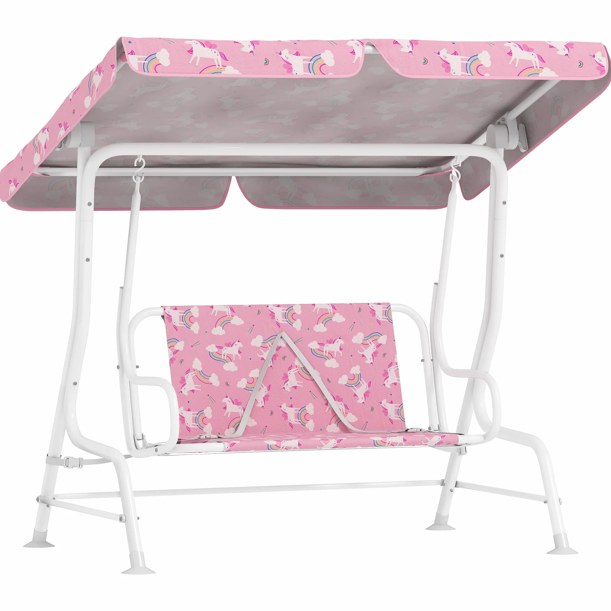 Balancelle de jardin pour enfants 2 places avec auvent réglable et ceintures de sécurité, motif licorne et arc-en-ciel, 112 x 75 x 120 cm, rose