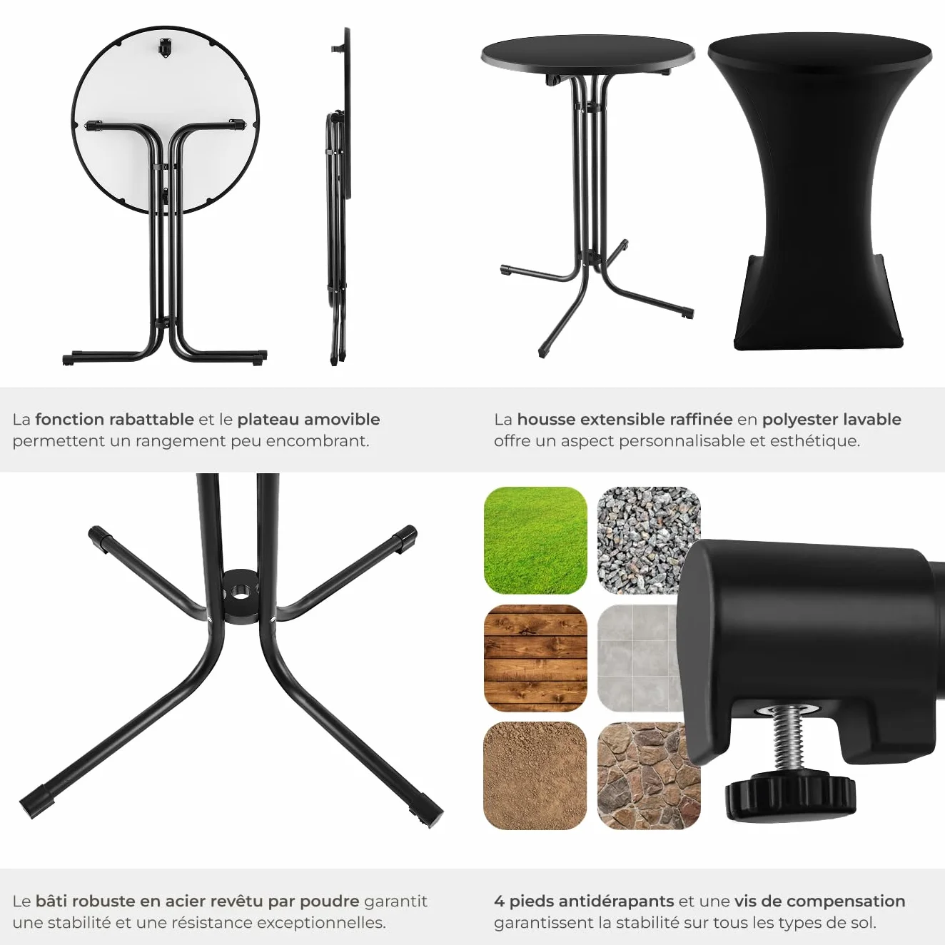 Tectake Table de Bar Ronde Pliante Acier laqué Ø 90cm x 110 cm Housse Incluse