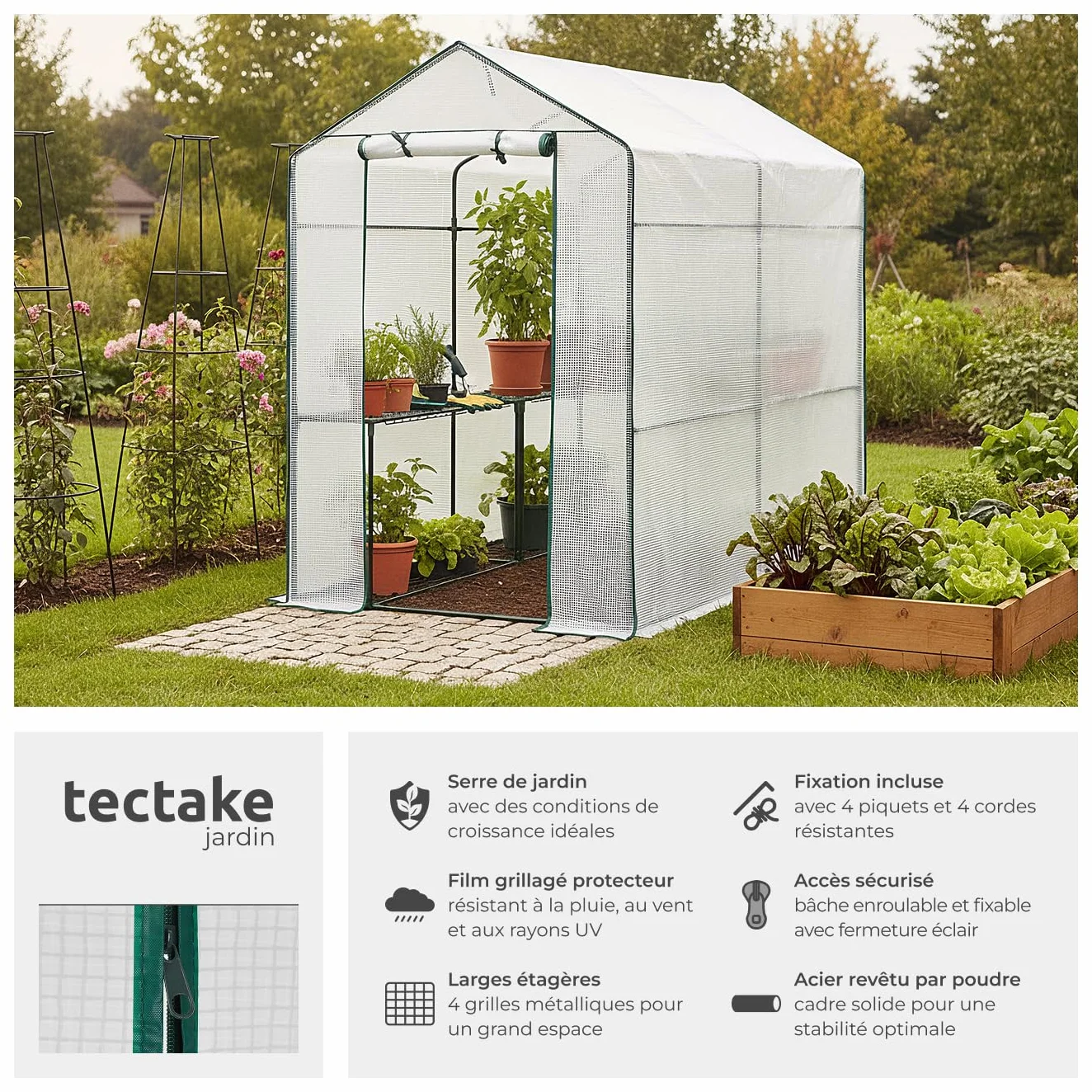 tectake Serre de Jardin Acier Thermo-Laqué Plastique Anti UV 4 Grilles métal 186x120x190cm