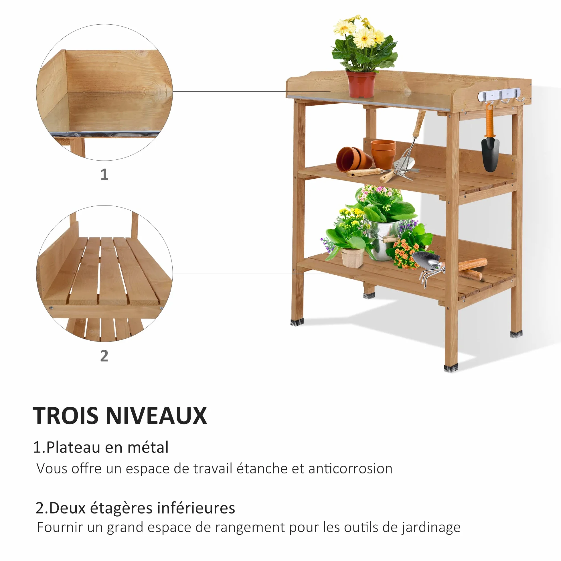 Outsunny Table de rempotage Acier galvanisé Bois Sapin pré-huilé 2 étagères 3 Crochets