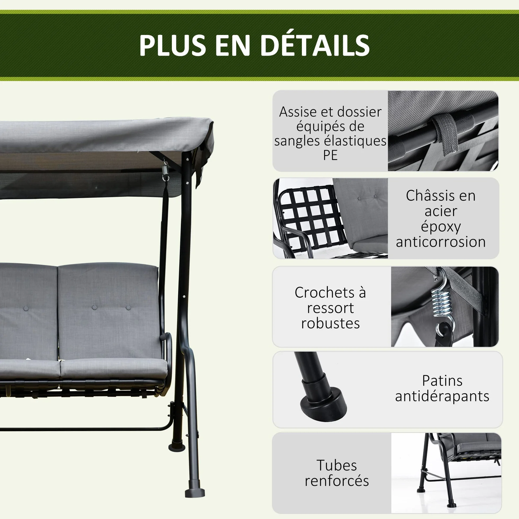Outsunny Balancelle de Jardin 3 Places Grand Confort Toit Inclinaison réglable Coussins Amovibles Polyester Acier Gris