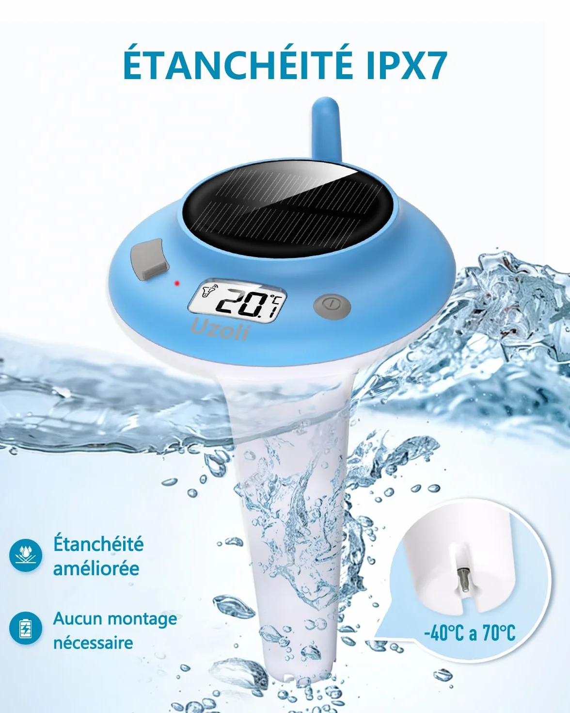 Thermomètre piscine flottant IPX7 recharge USB solaire EM777UC sans fil jacuzzi