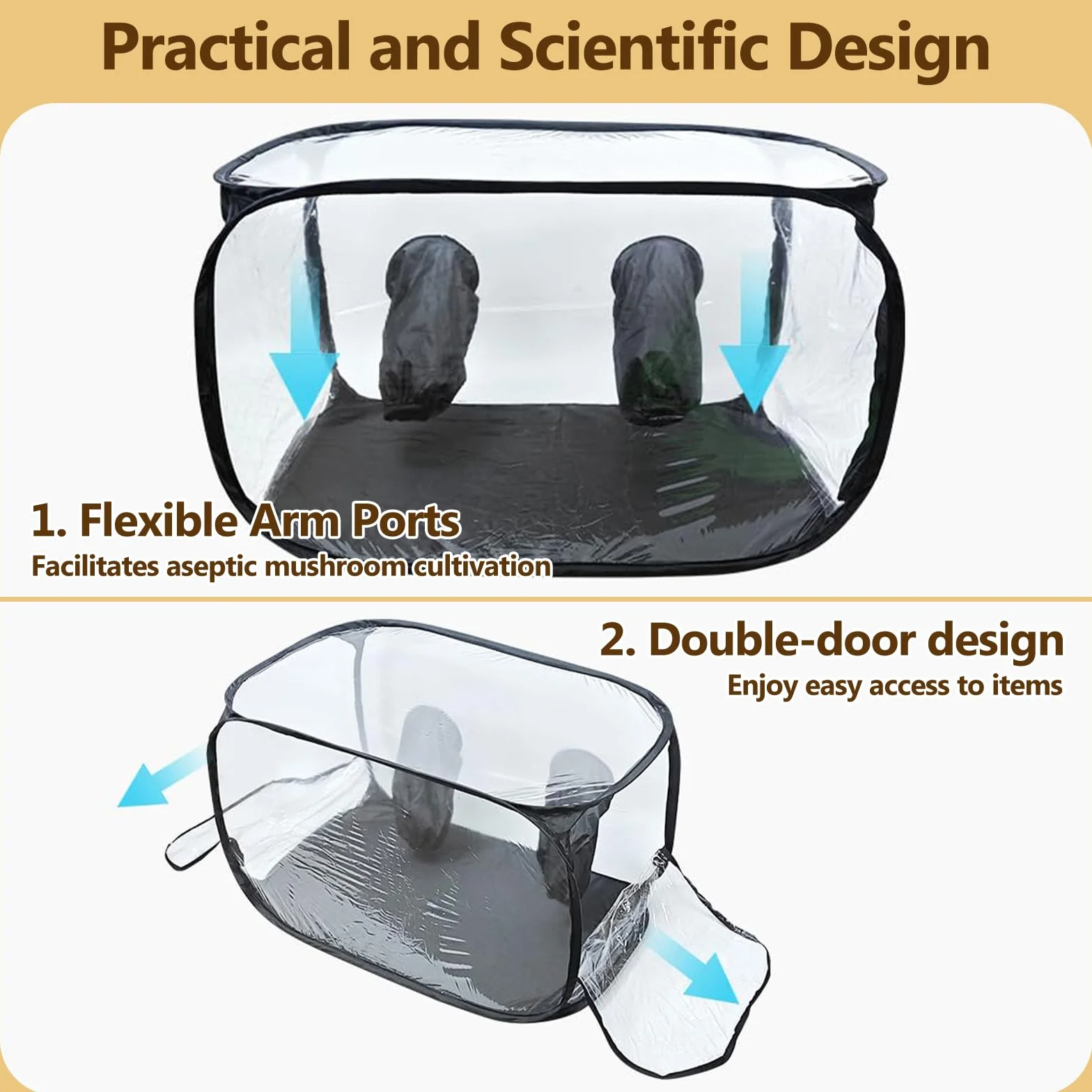 Grande tente de culture de champignons 82 x 52 x 52 cm - Boîte de culture avec boîte à air silencieuse, pliable, deux ouvertures pour les bras
