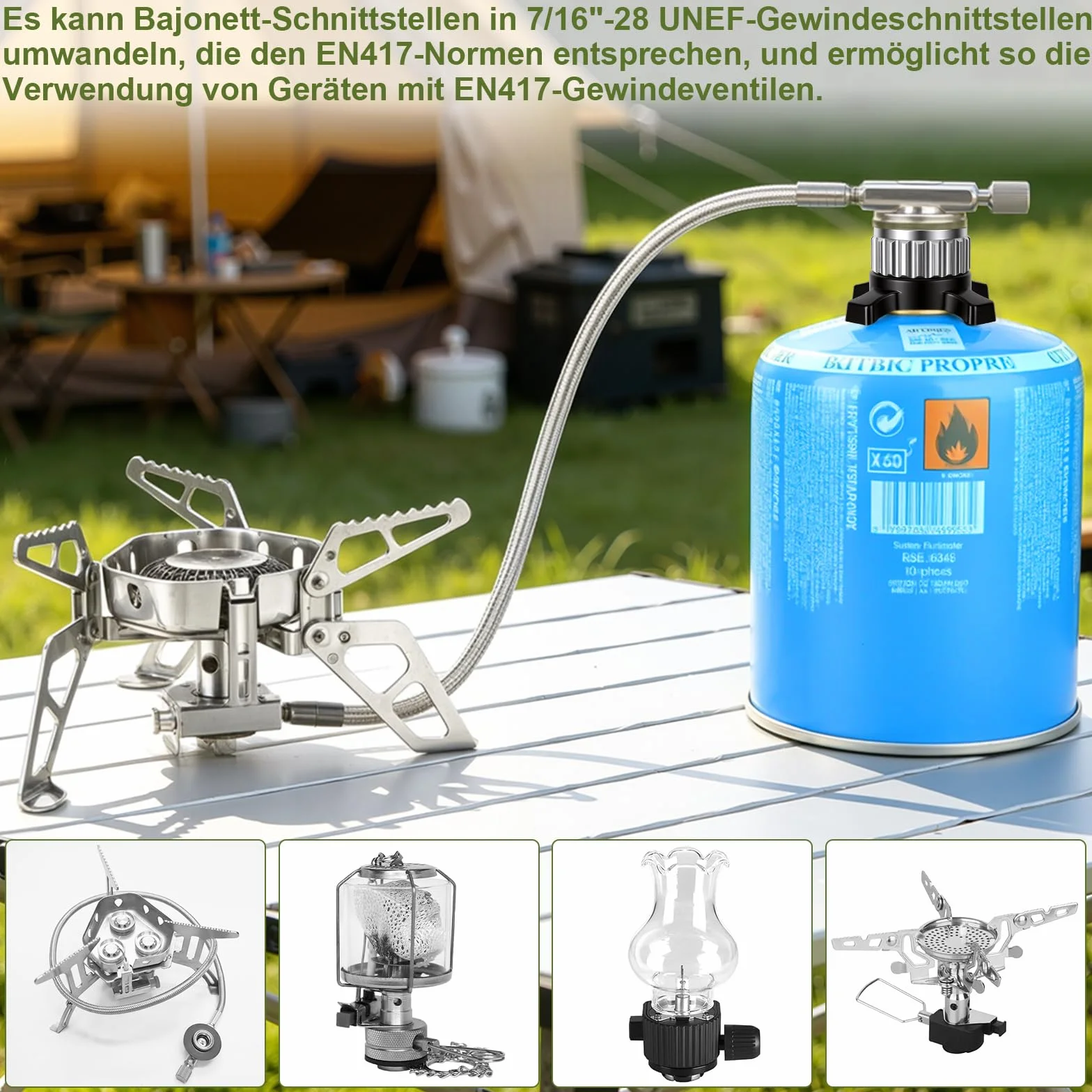 Adaptateur Cartouche Gaz Campingaz CV Easy Clic vers Valve EN417 Raccord Baïonnette Fileté 7/16" Réchaud
