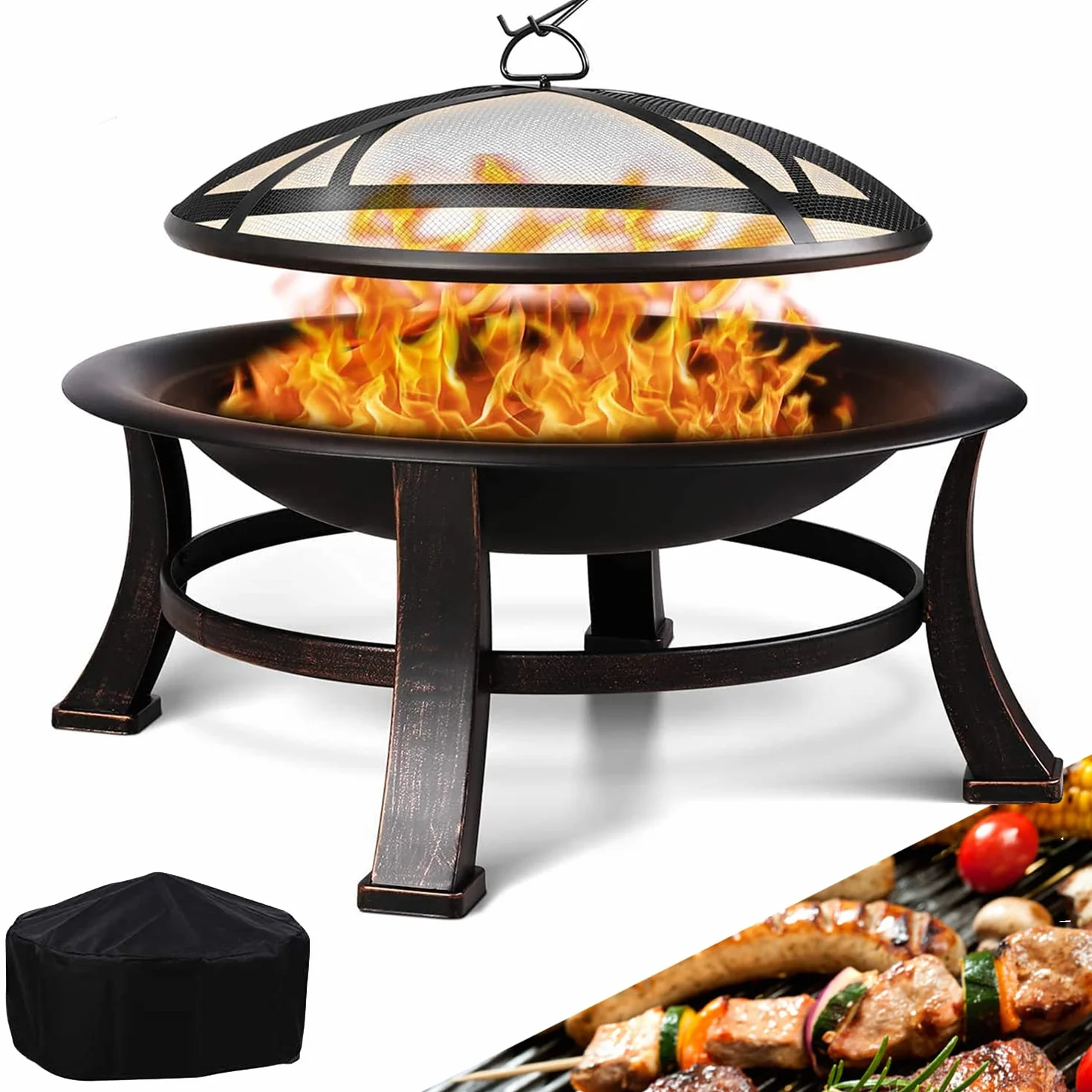 TLGREEN Brasero Exterieur Ø 76 cm avec Grille Barbecue Rétro Jardin Terrasse Foyer Extérieur Noir Grand