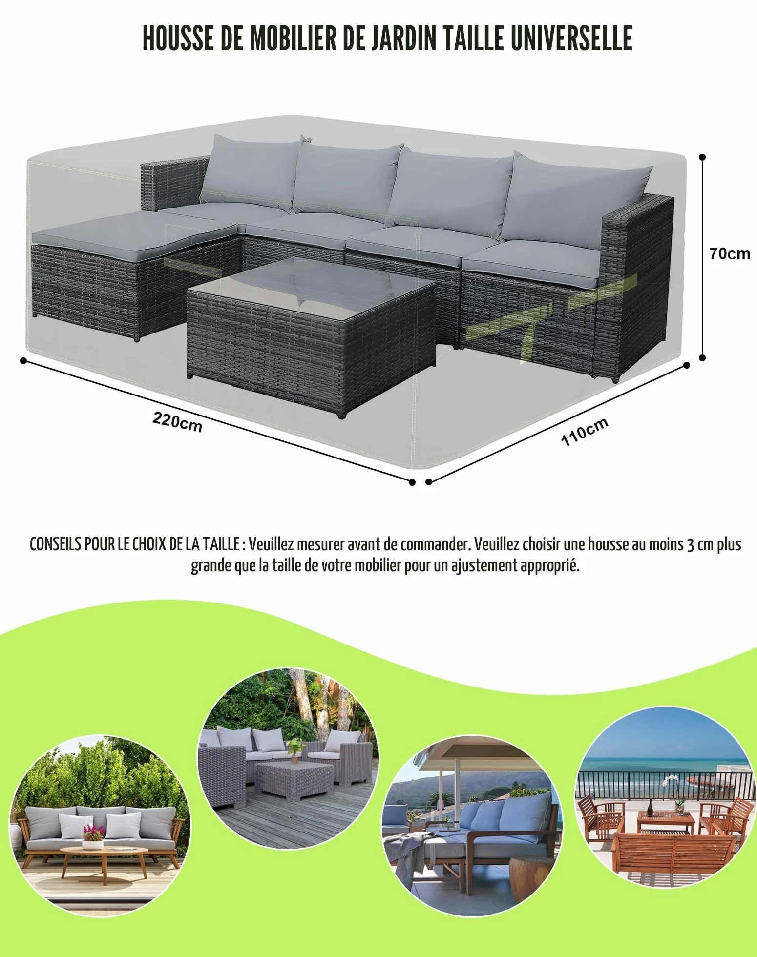 Housse Table De Jardin 420D Oxford Tissu 220x110x70cm Imperméable Anti-UV Coupe-Vent