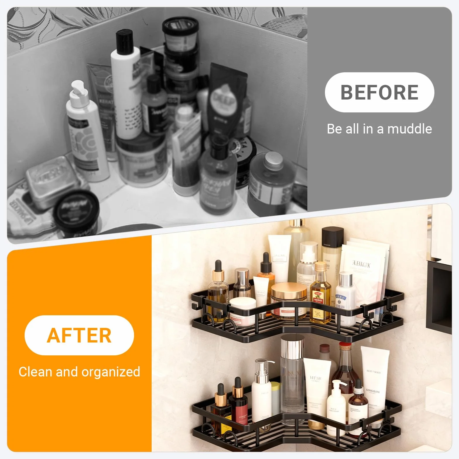 2 Pièces Etagere Douche sans Percage, Etagere Salle Angle de Bain Support Rangement Organisation avec Crochets Accessoire pour Gel et Shampooing pour la Salle Bain Cuisine (Noir)