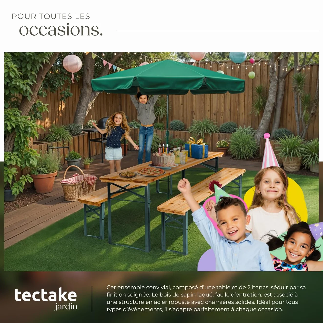 Tectake Table et Banc en Bois de Brasserie 3 pièces Pliable avec Support Parasol