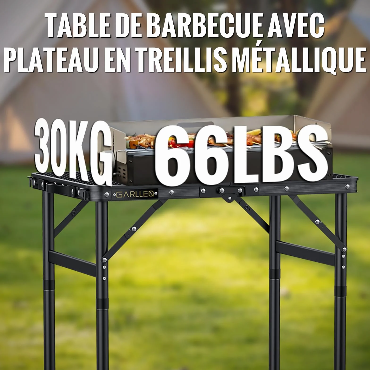 GARLLRN Table de Barbecue Pliante 0,6m 3 Hauteurs Réglables 26/48/70cm Camping Légère Maille Résistante à la Chaleur