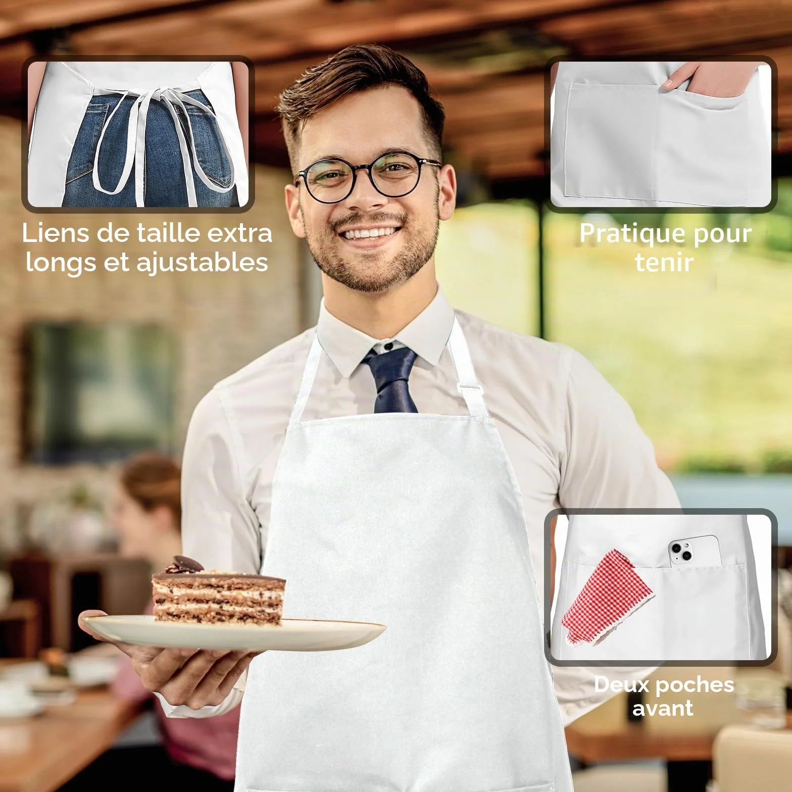 Atopo 4 Pack Tablier Cuisine Professionnel avec 2 Poches, Etanche Réglable pour Homme Femme (Blanc)