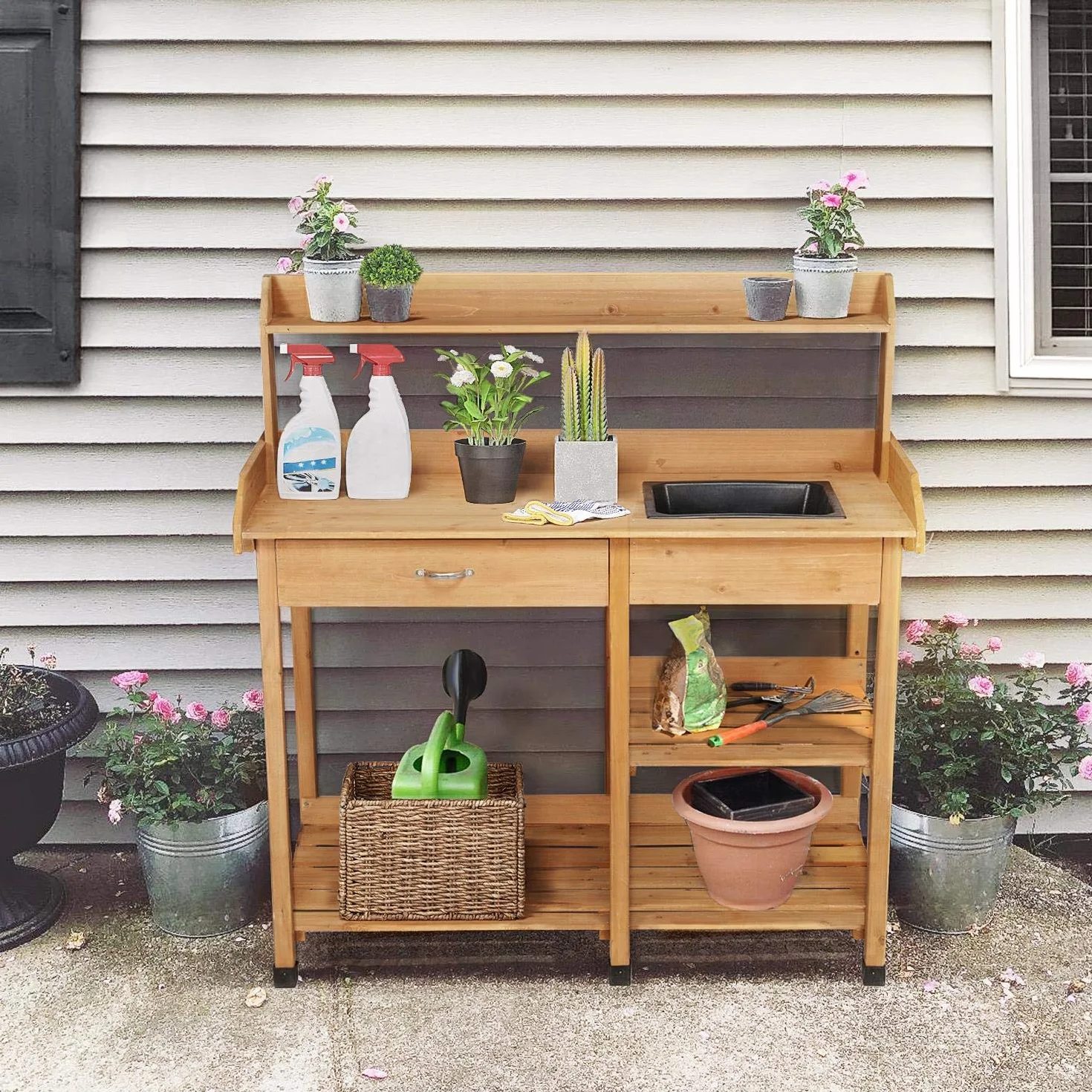 Table de Rempotage en Bois avec Évier Amovible et Rangement pour Jardinier