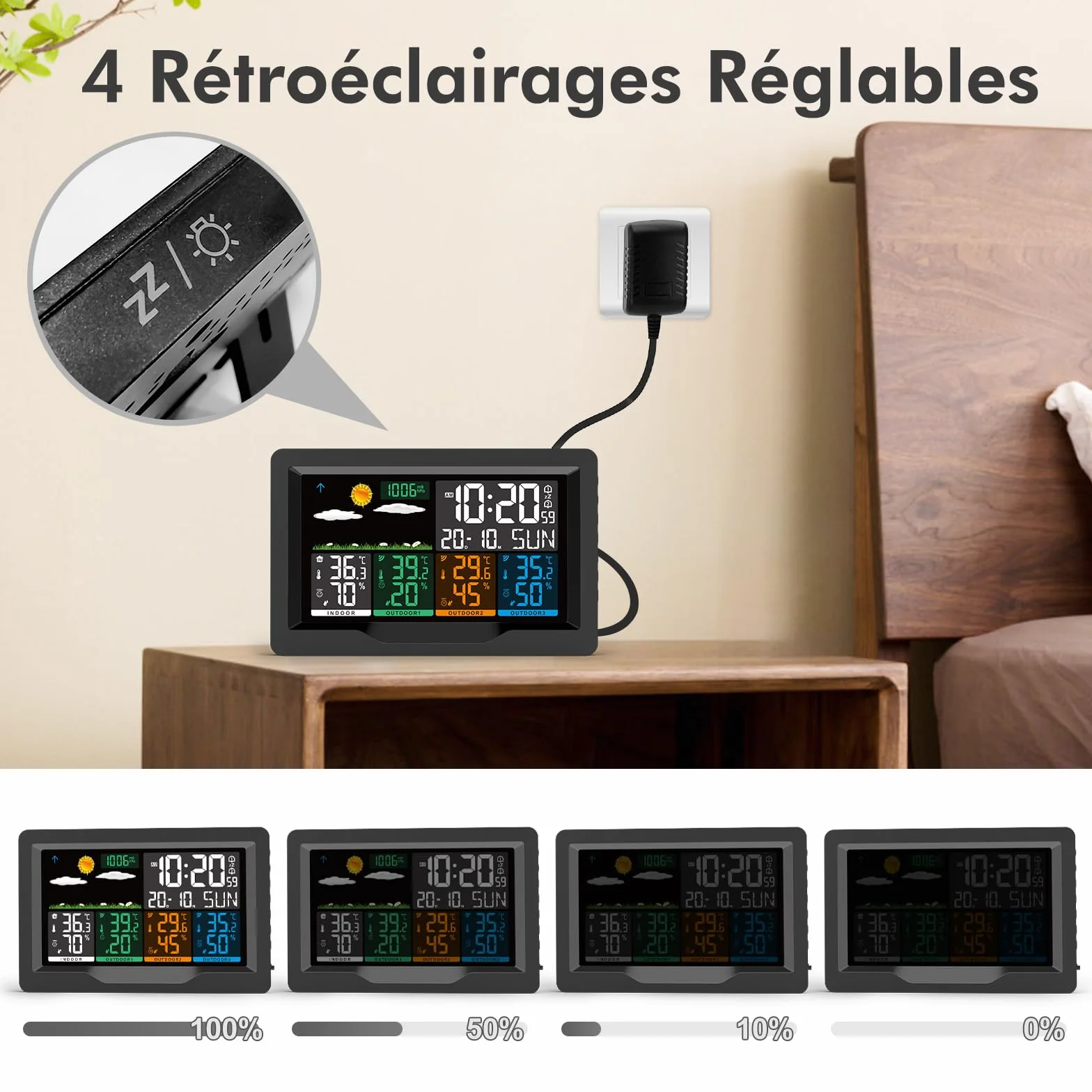 Station Météo Sans Fil avec 3 Capteurs Intérieur Extérieur, Écran LCD Rétroéclairage Réglable, Baromètre, Réveil, Prévisions