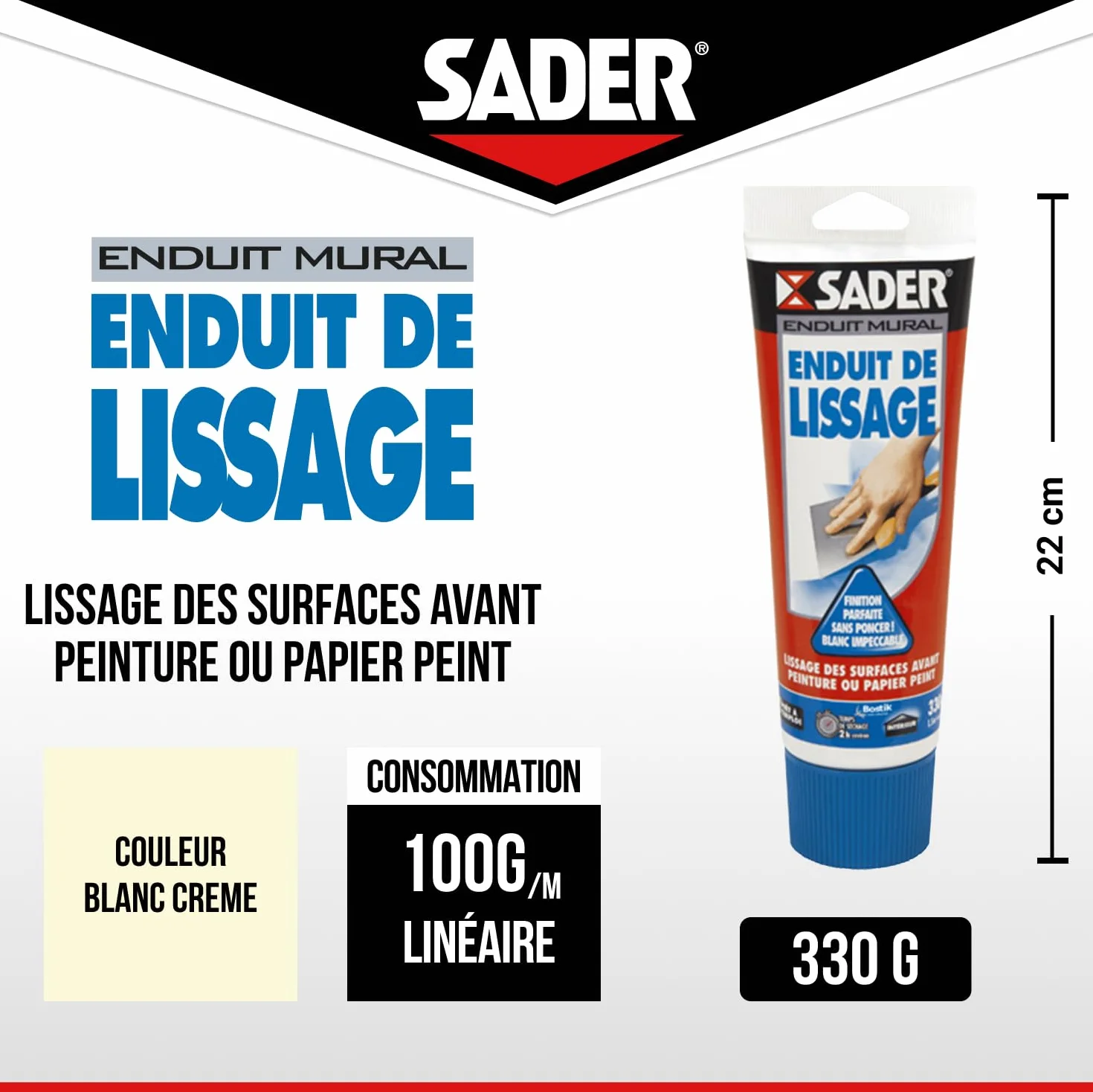 Sader Enduit de Lissage Prêt à l'Emploi en Pâte – Enduit Mur Intérieur et Plafond – Utilisable comme Joint Plaque de Plâtre, Rebouche Trou Jusqu'à 2 mm et Bouche Pore Bois – Blanc – Tube 330 g