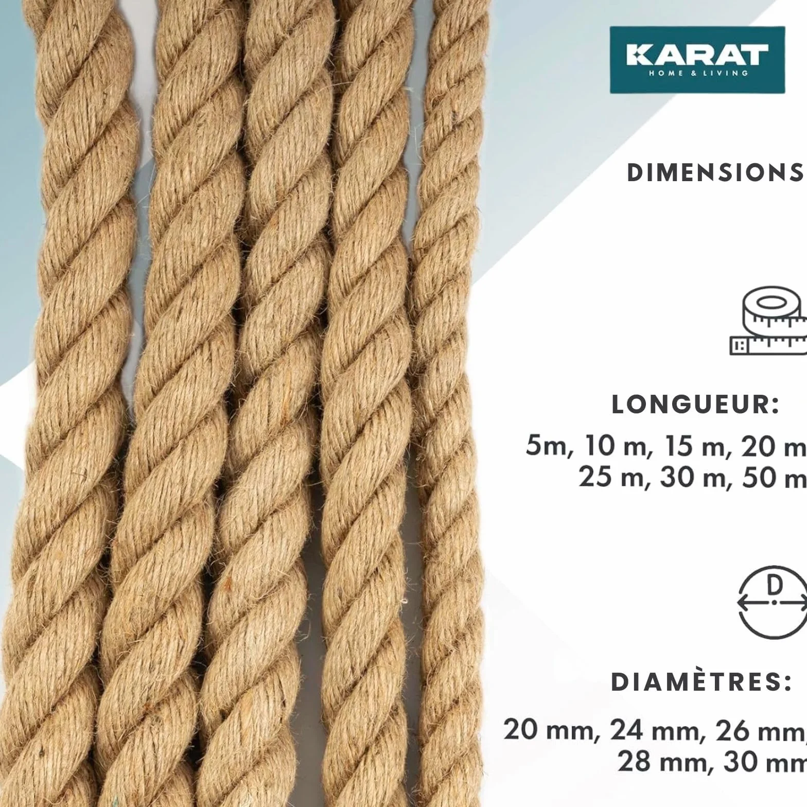 KARAT - Corde en Jute Torsadée - 100% Naturelle et Extra Solide - Idéale pour l'escalade, Le Sport, la Décoration de Jardin et Les Travaux Manuels - Diamètre 20mm, 50 Mètres