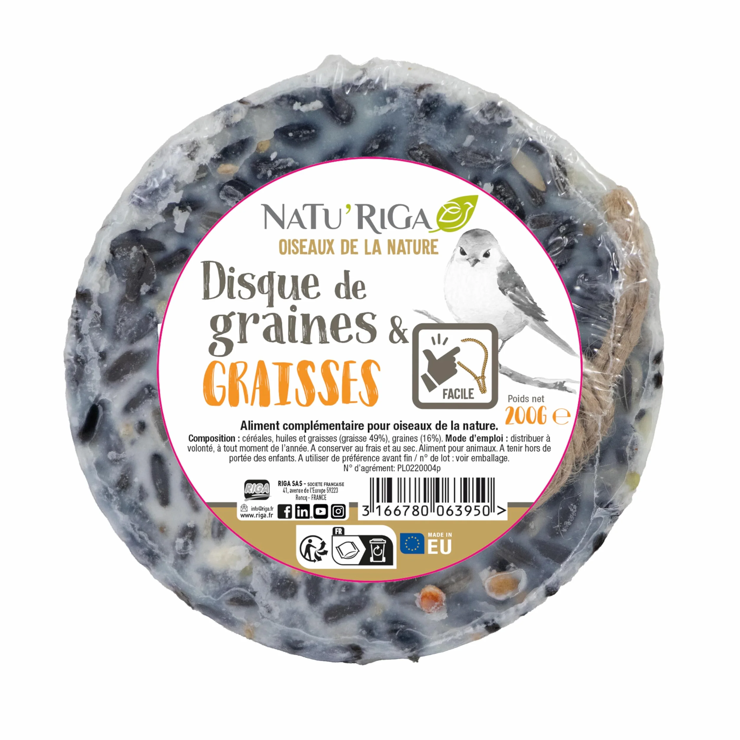 NATU'RIGA Disque De Graisse Et Graines Nourriture Oiseaux Extérieur 200G