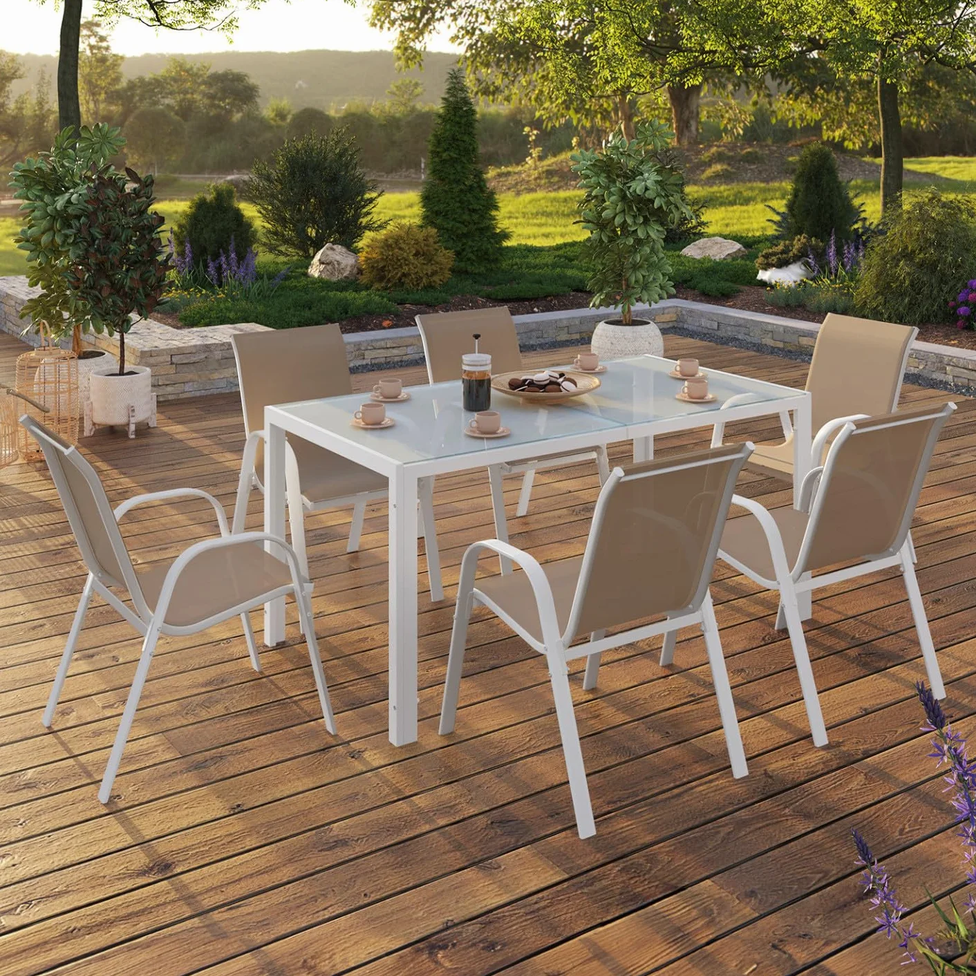 IDMarket Salon de Jardin Madrid Table 150 cm 6 Chaises Empilables Blanc Beige