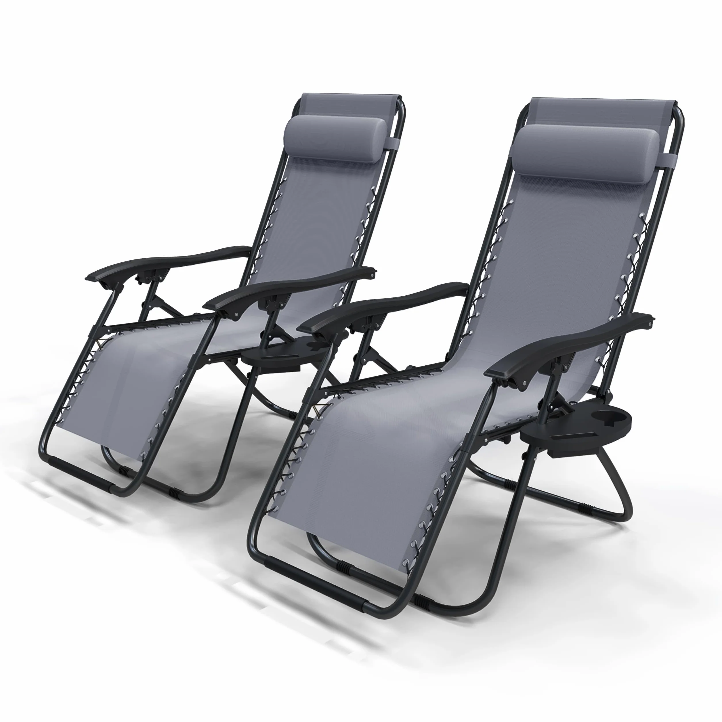 Chaise Longue Pliable Lot de 2 avec Support de Gobelet Amovible Rembourrage de Tête Charge Max 120KG Gris