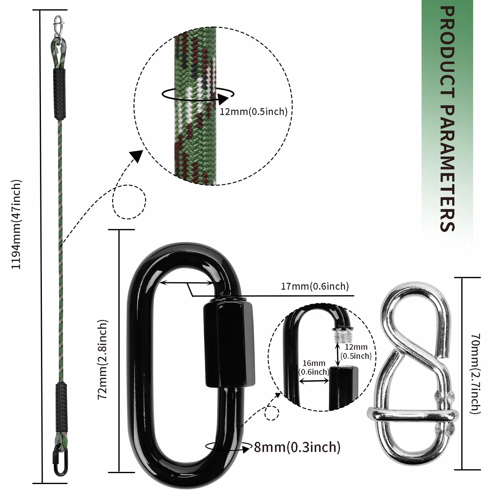 Sangle de hamac réglable 120cm Polyester 12mm 453 kg pour balançoire extérieure camping