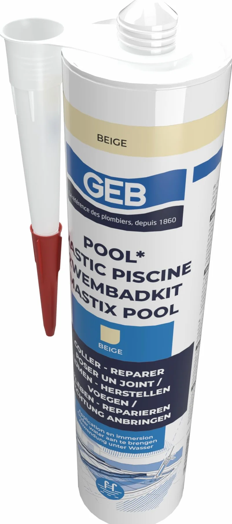 GEB Mastic étanche spécial piscine Beige 290 ml pour coller, jointoyer et réparer même sous l'eau des éléments de piscine, carrelage, mosaïque, margelle, projecteur, bonde