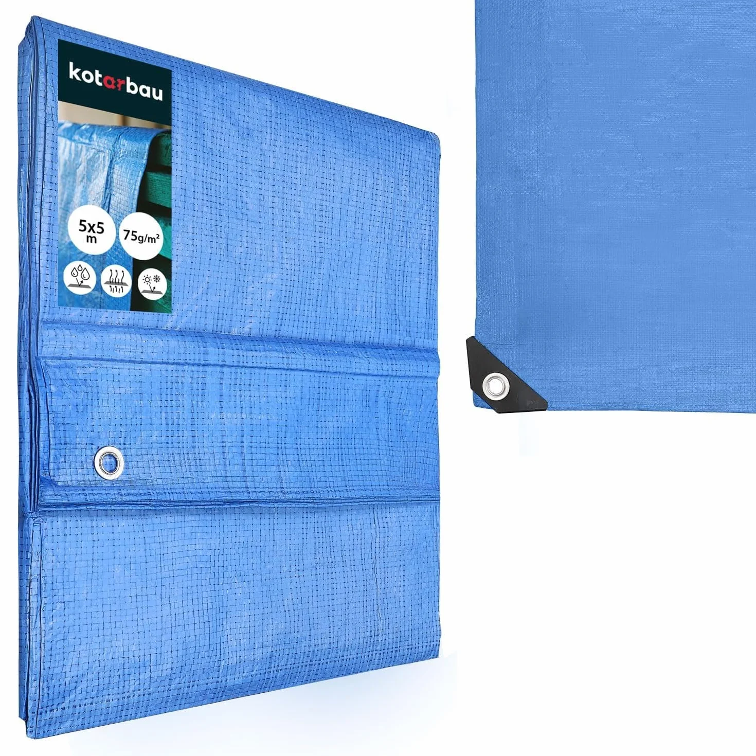 KOTARBAU® Bâche de Protection Extérieur - Polyéthylène - 5 x 5 m - Bleu - 75 g/m² - Bâche avec œillets - Anti UV - Toile de Protection - Couverture Impermeable Exterieu